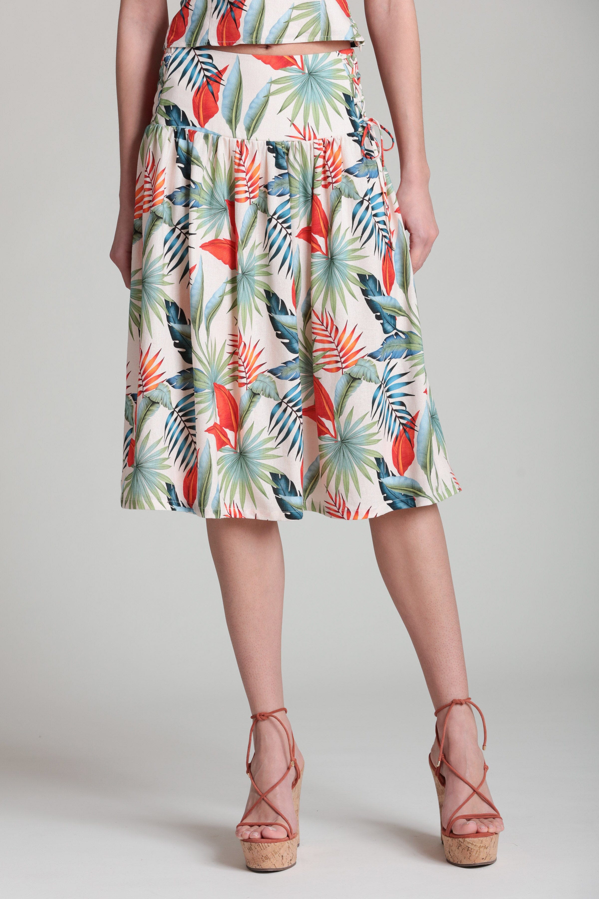 Tropical print smocked waist midi skirt in linen blend - Shop designer women's cute floral midi skirt by Avec Les Filles