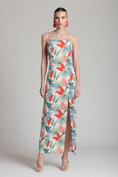 Linen Blend Tropical Print Maxi Dress