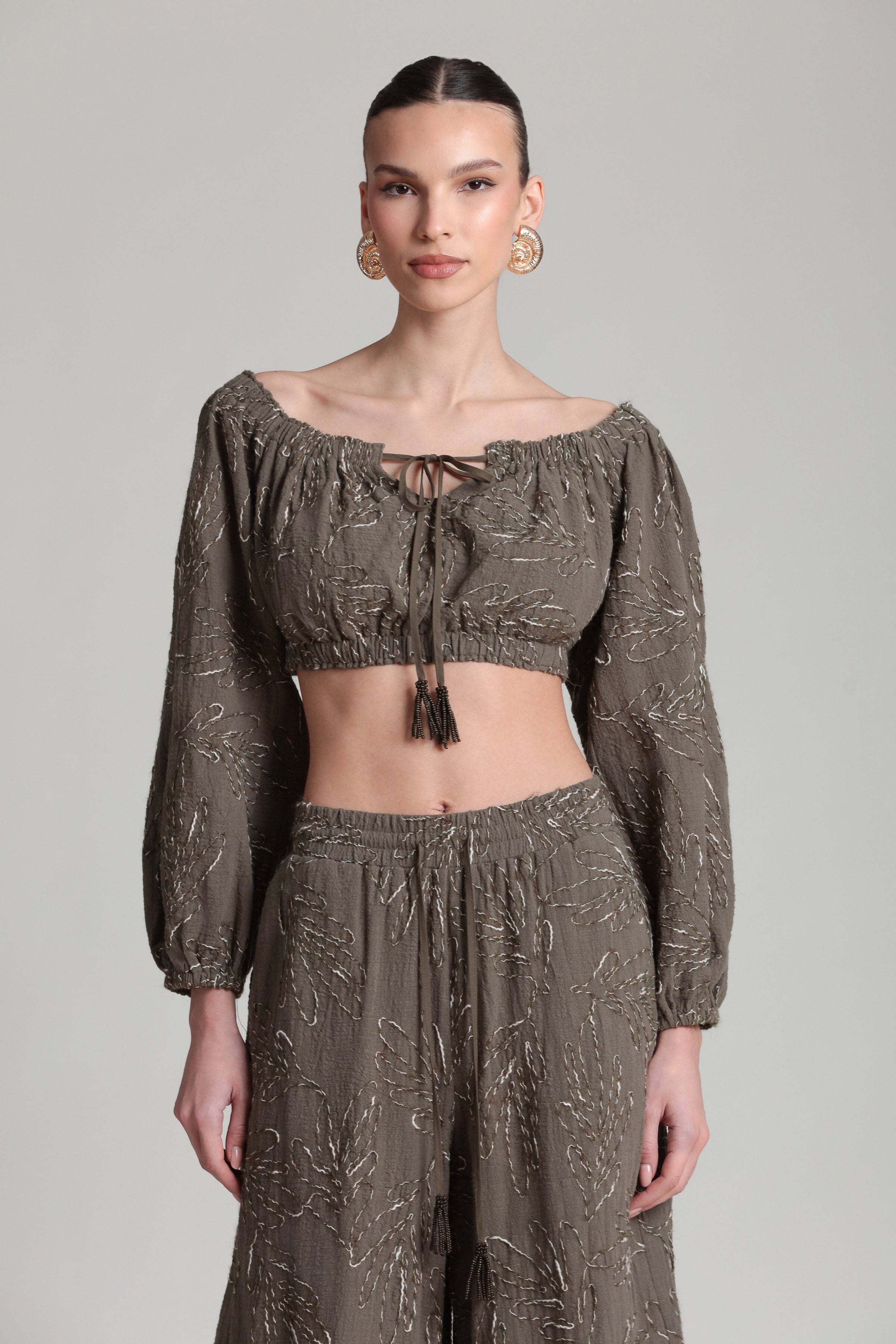 Embroidered Off-The-Shoulder Puff Sleeve Crop Top