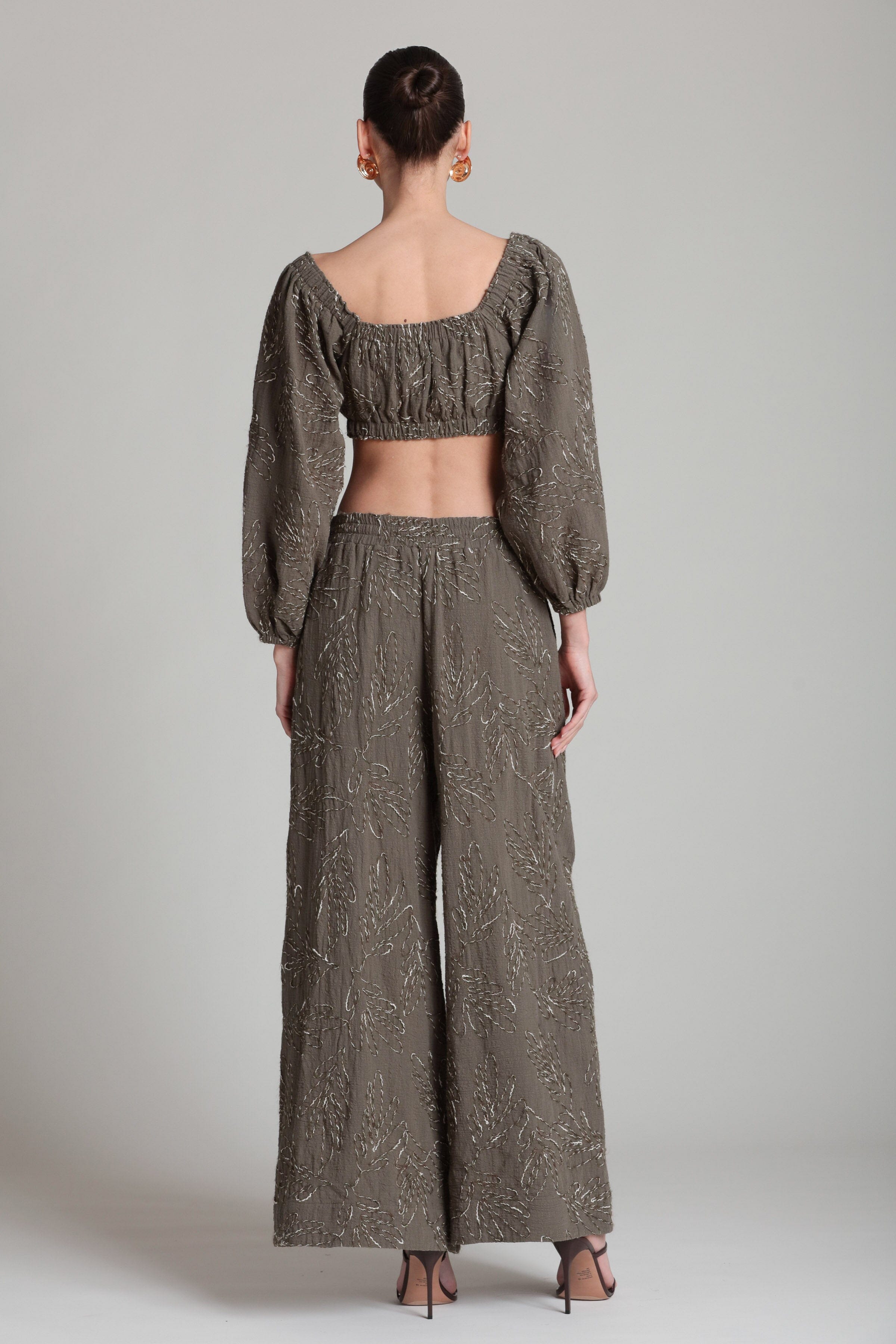 Embroidered Off-The-Shoulder Puff Sleeve Crop Top