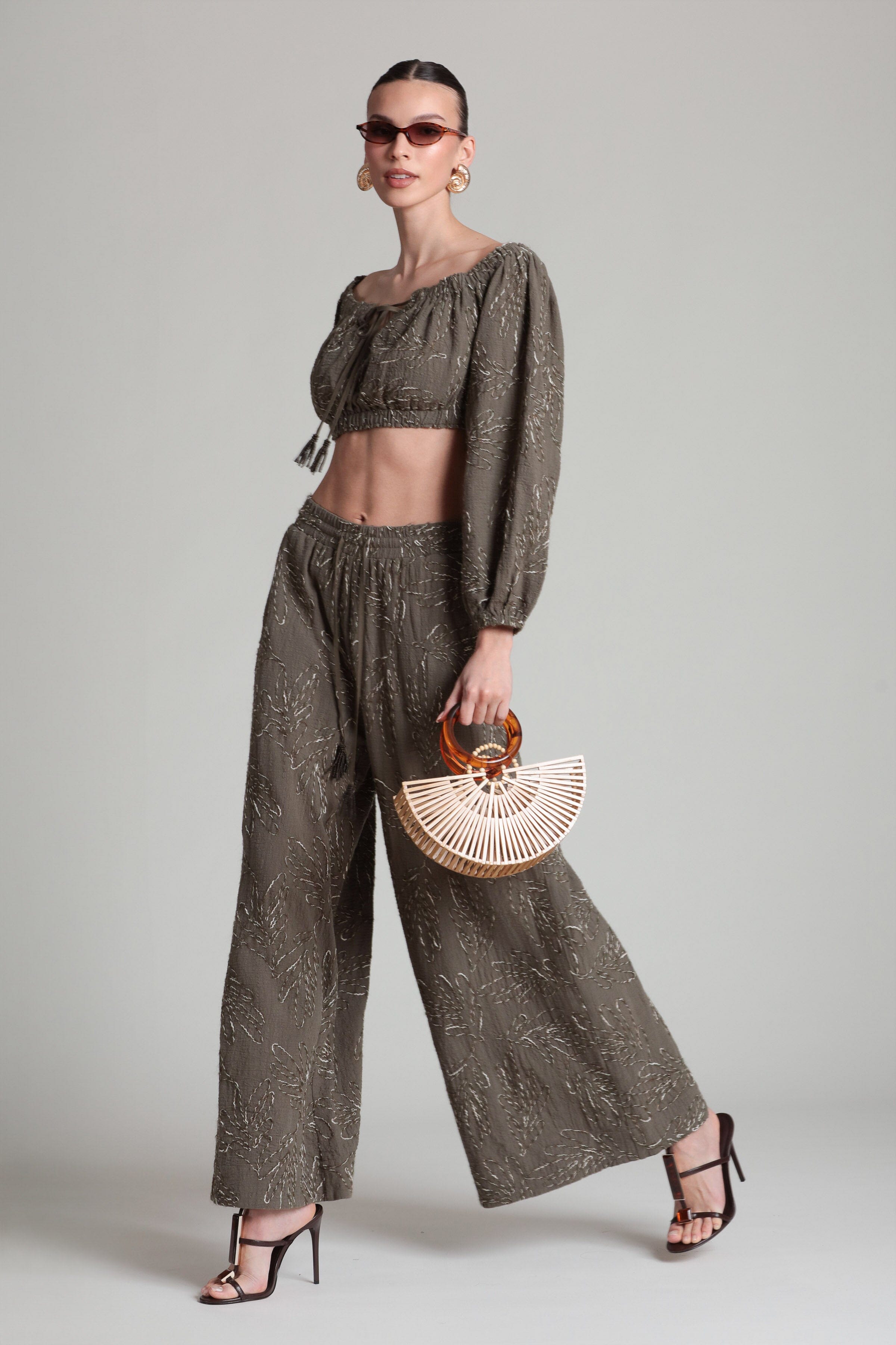 Embroidered olive green wide leg pants with adjustable drawstring - Shop women's palazzo pants by Avec Les Filles.
