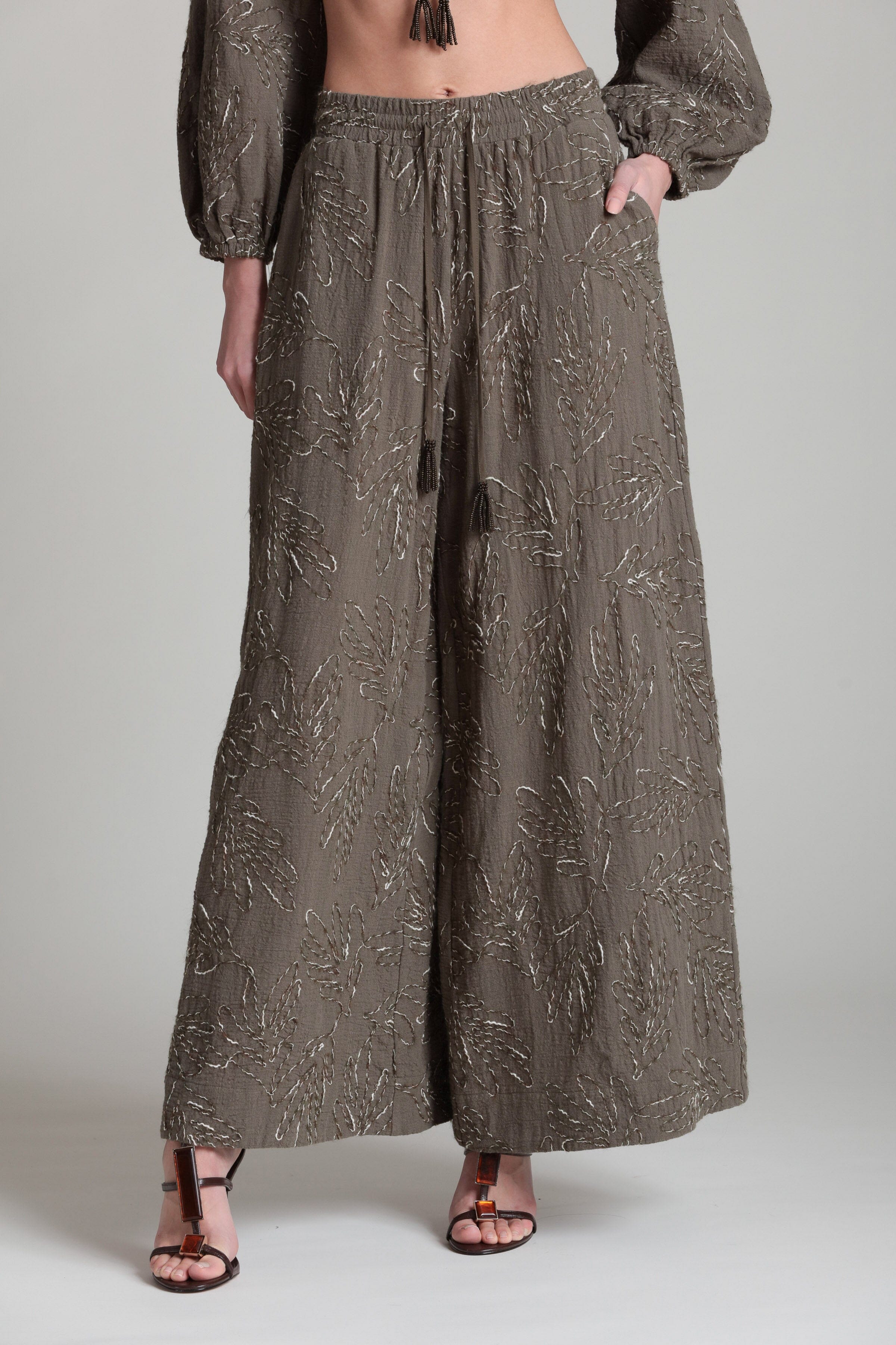 Embroidered pants olive green with adjustable drawstring - Shop designer women's palazzo pants by Avec Les Filles.