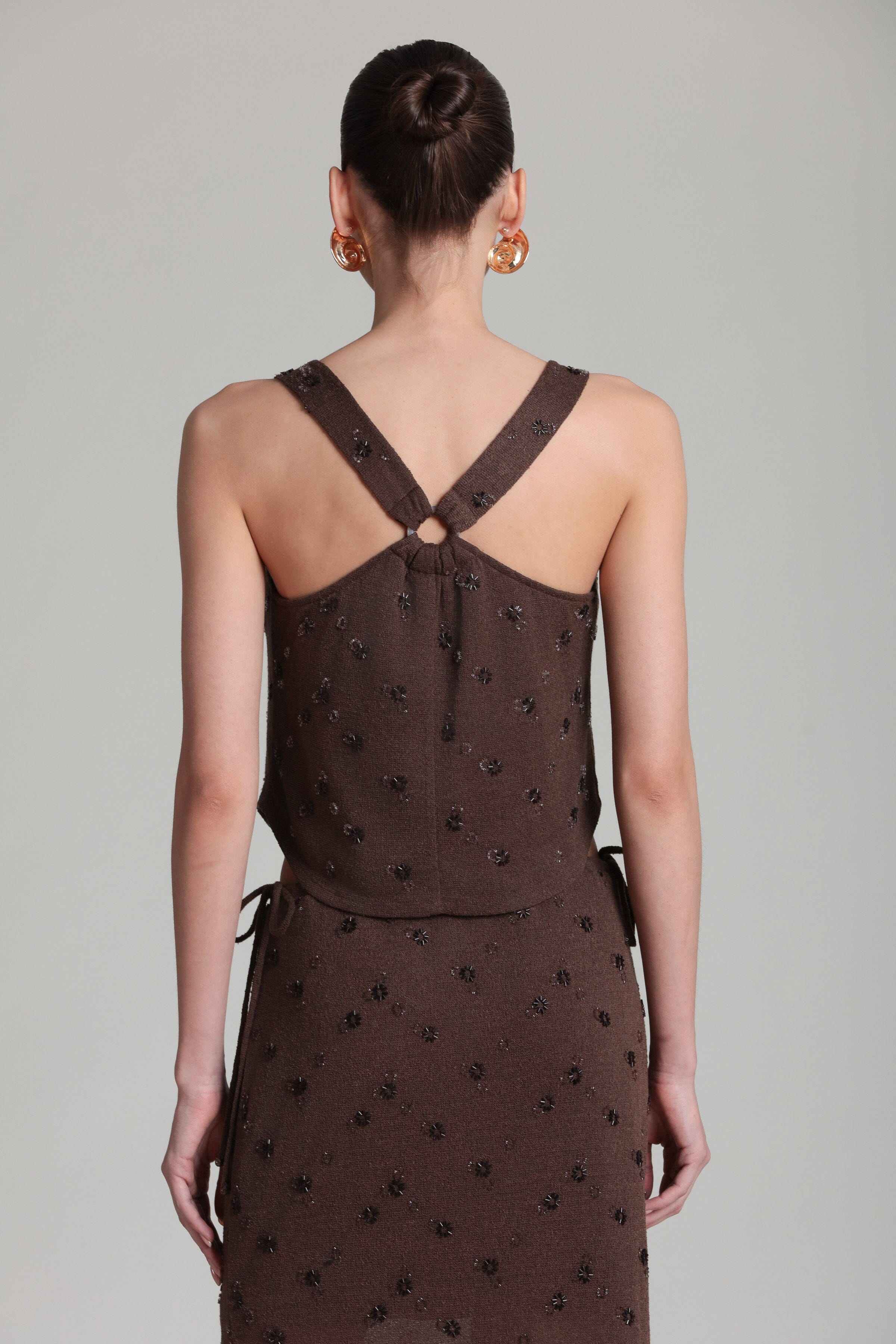 Beaded Knit Lace-Up Brown Tank Top