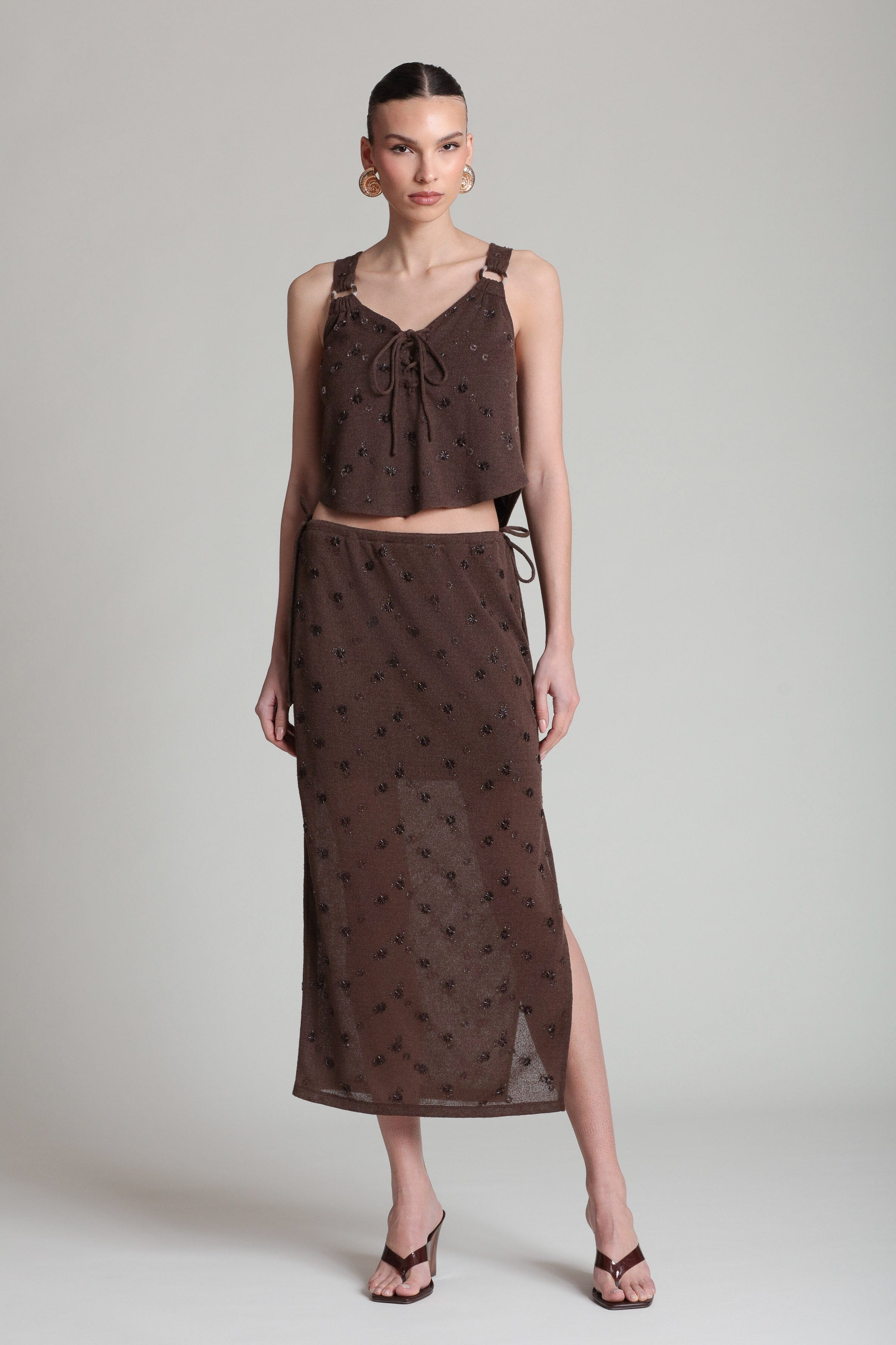 Beaded knit lace-up brown tank top with dark brown knit midi skirt - Shop women's cute midi skirts & tops by Avec Les Filles