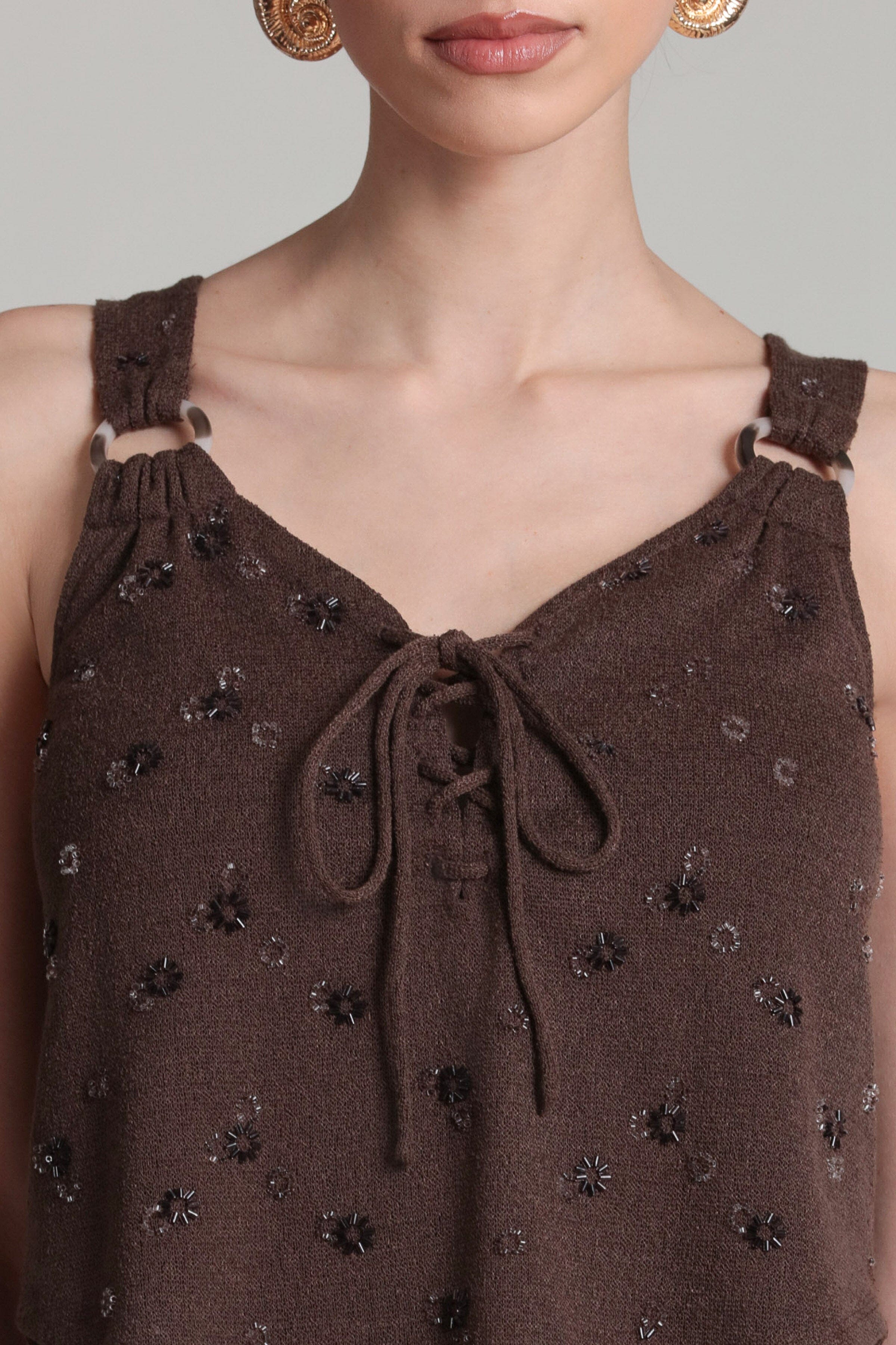 Brown beaded top with a deep V-neck and adjustable strap - Shop designer women's cute tank tops by Avec Les Filles