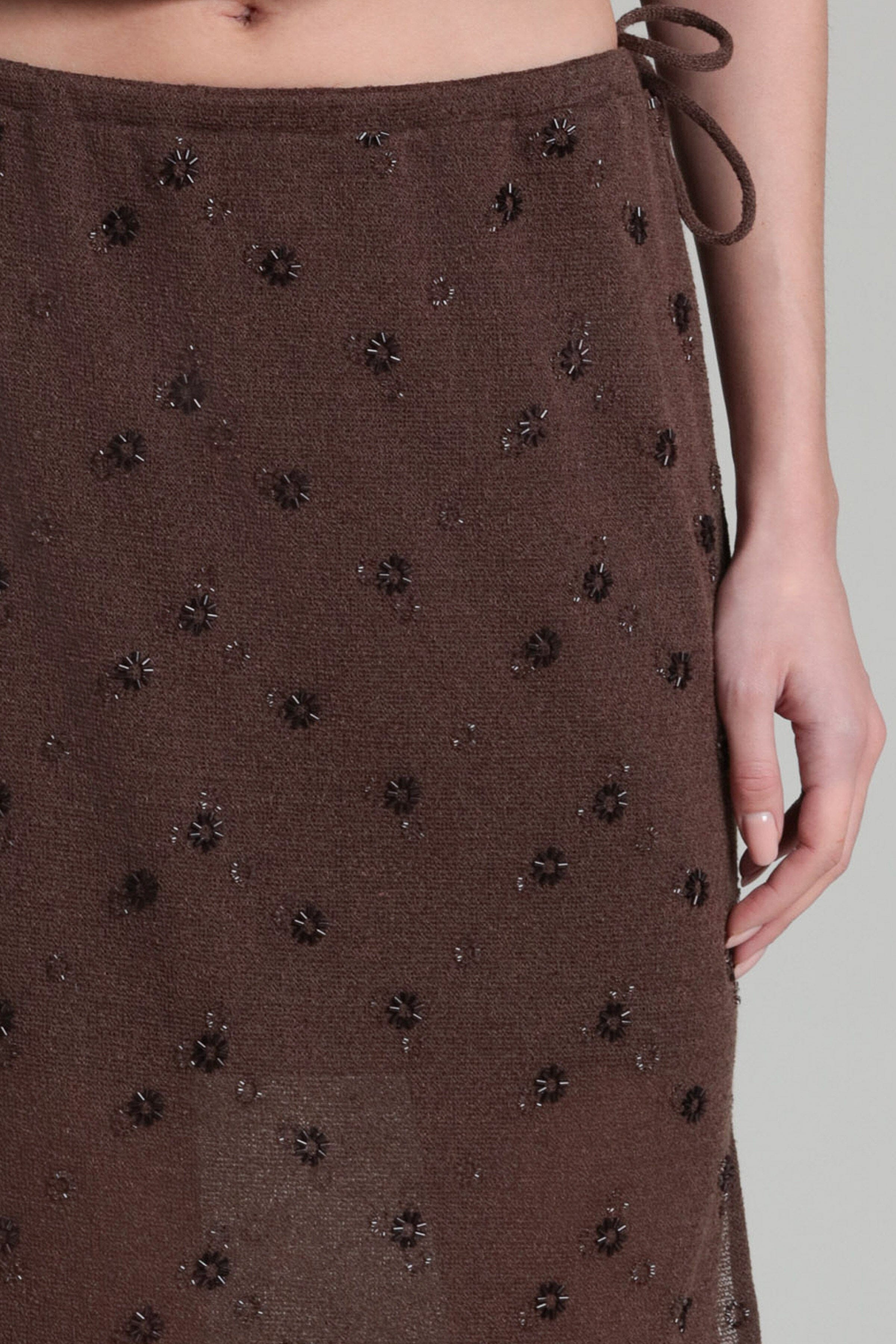 Beaded knit dark brown drawstring midi skirt with side drawstring ties - Shop cute midi skirts by Avec Les Filles.