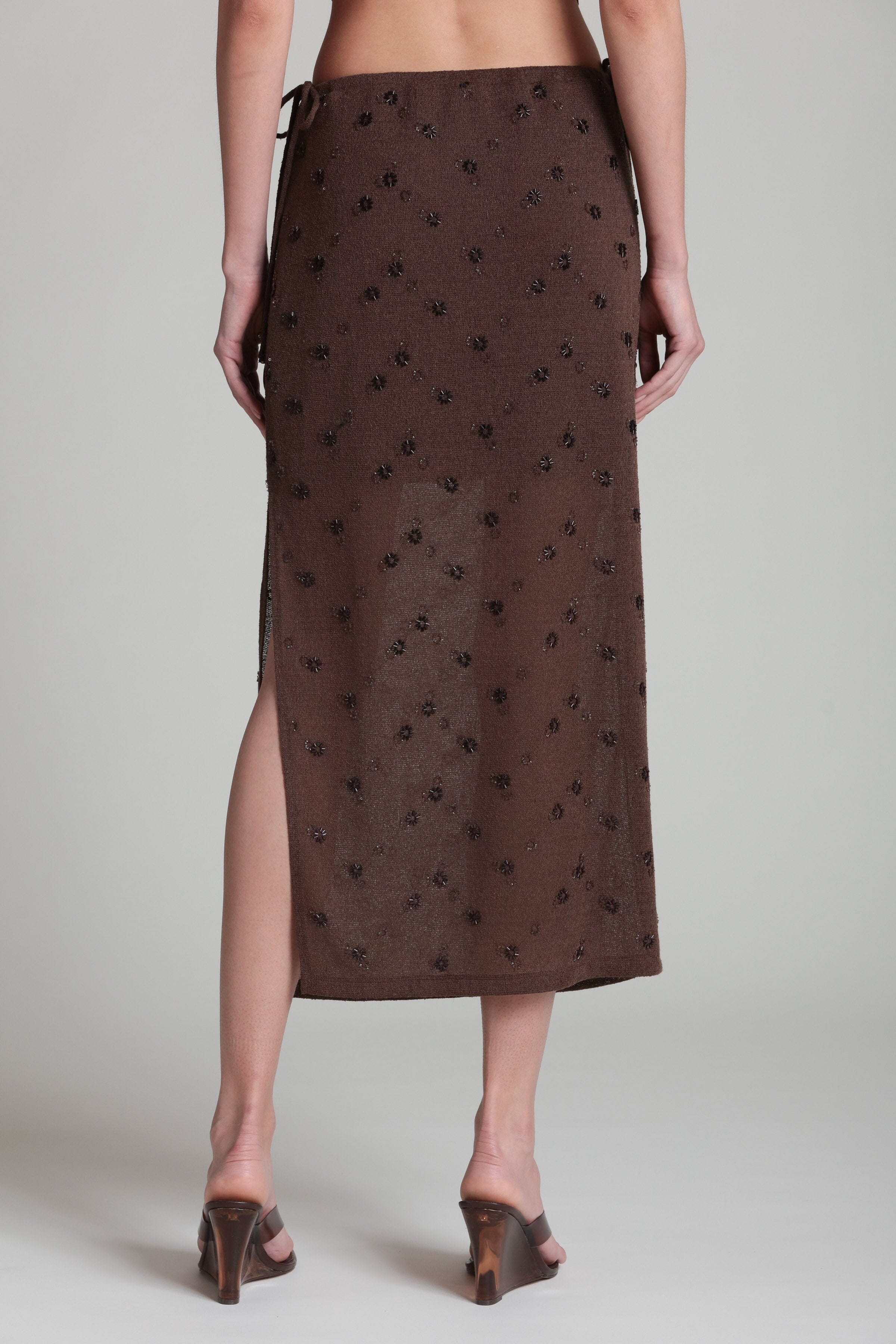 The Beaded brown knit midi skirt with side drawstring ties - Shop designer women's cute midi skirts by Avec Les Filles.