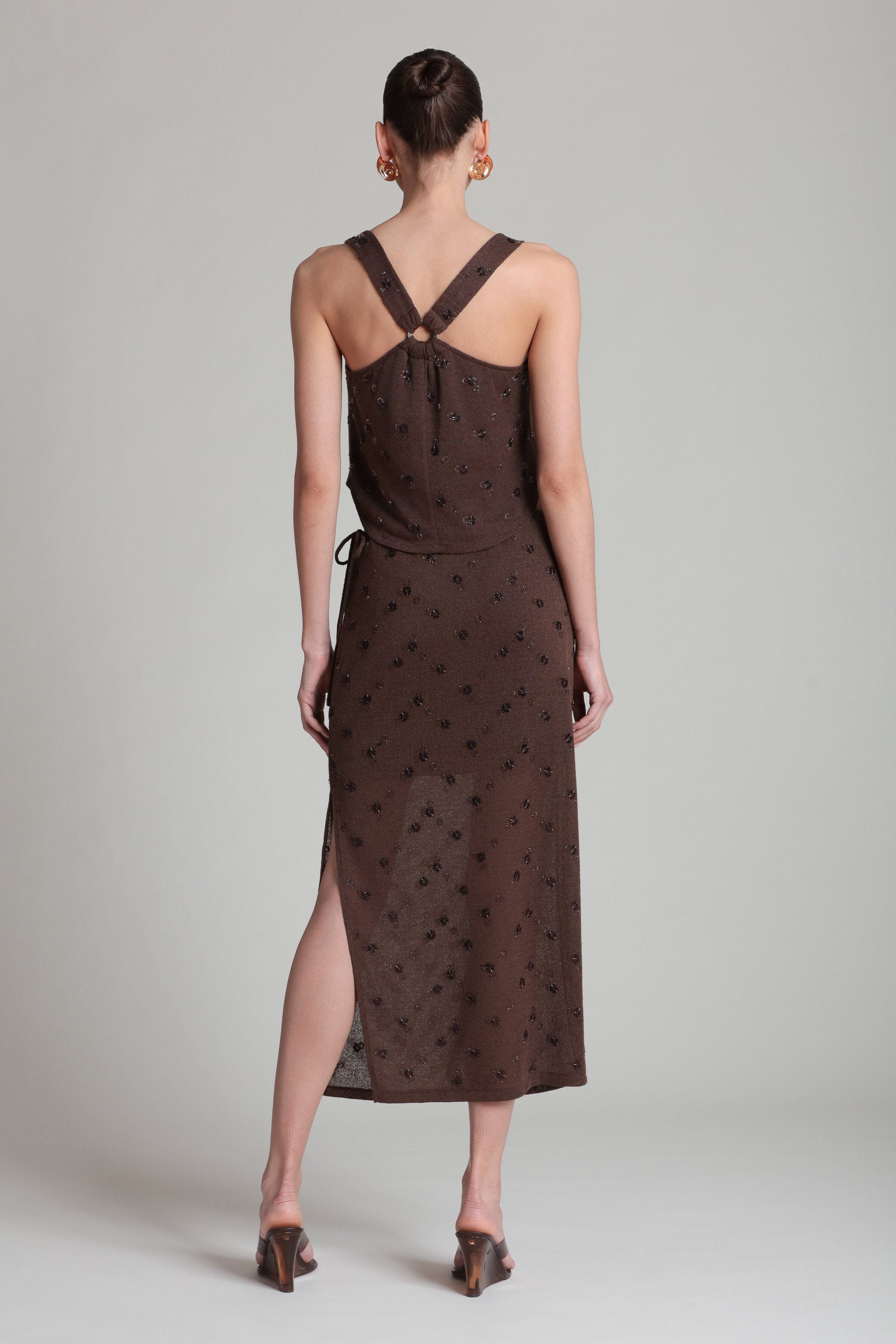 Beaded drawstring knit dark brown midi skirt with side drawstring ties - Shop women's midi skirts by Avec Les Filles.