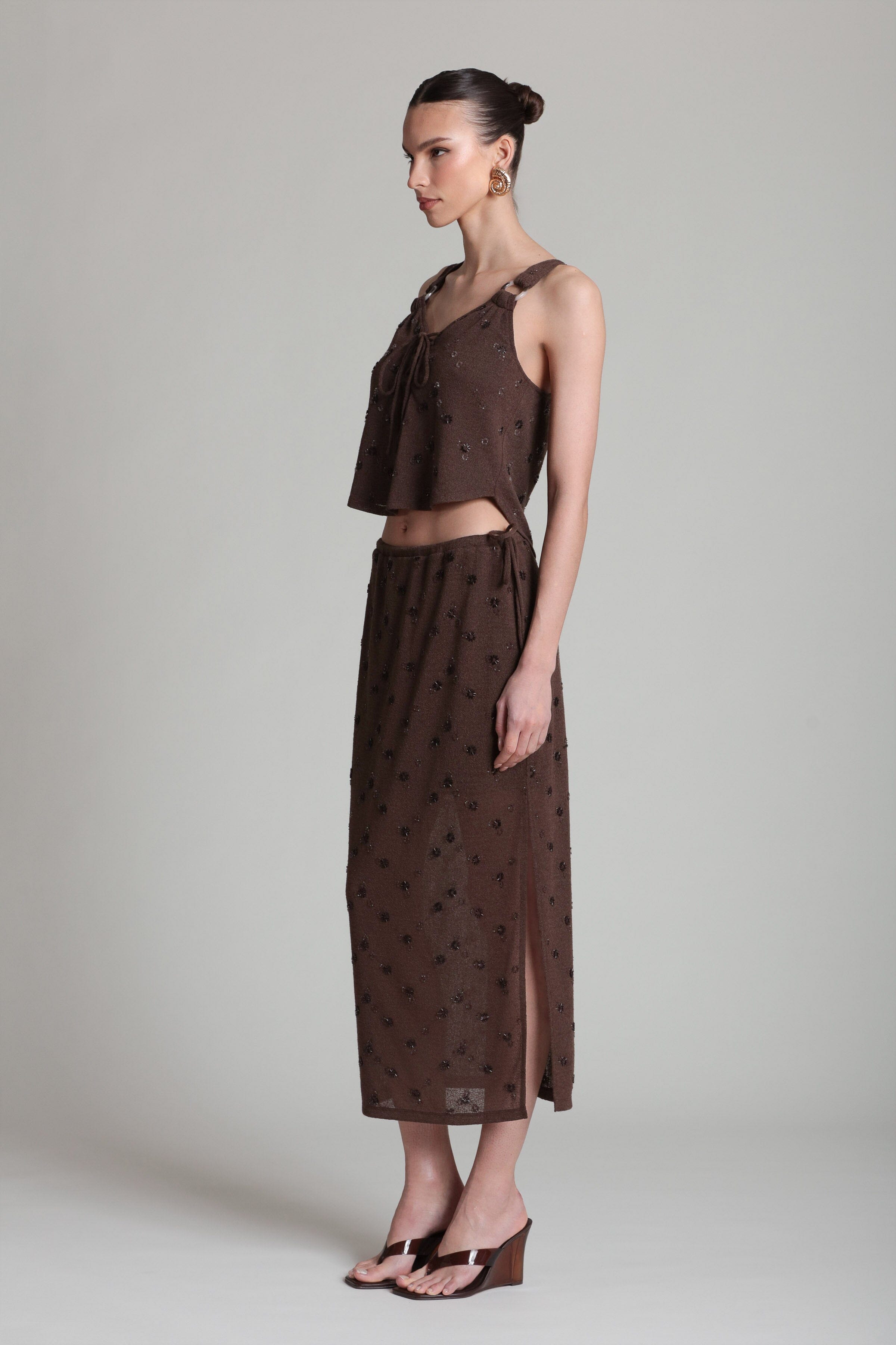 The Beaded knitted dark brown midi skirt with side drawstring ties - Shop women's cute midi skirts by Avec Les Filles.