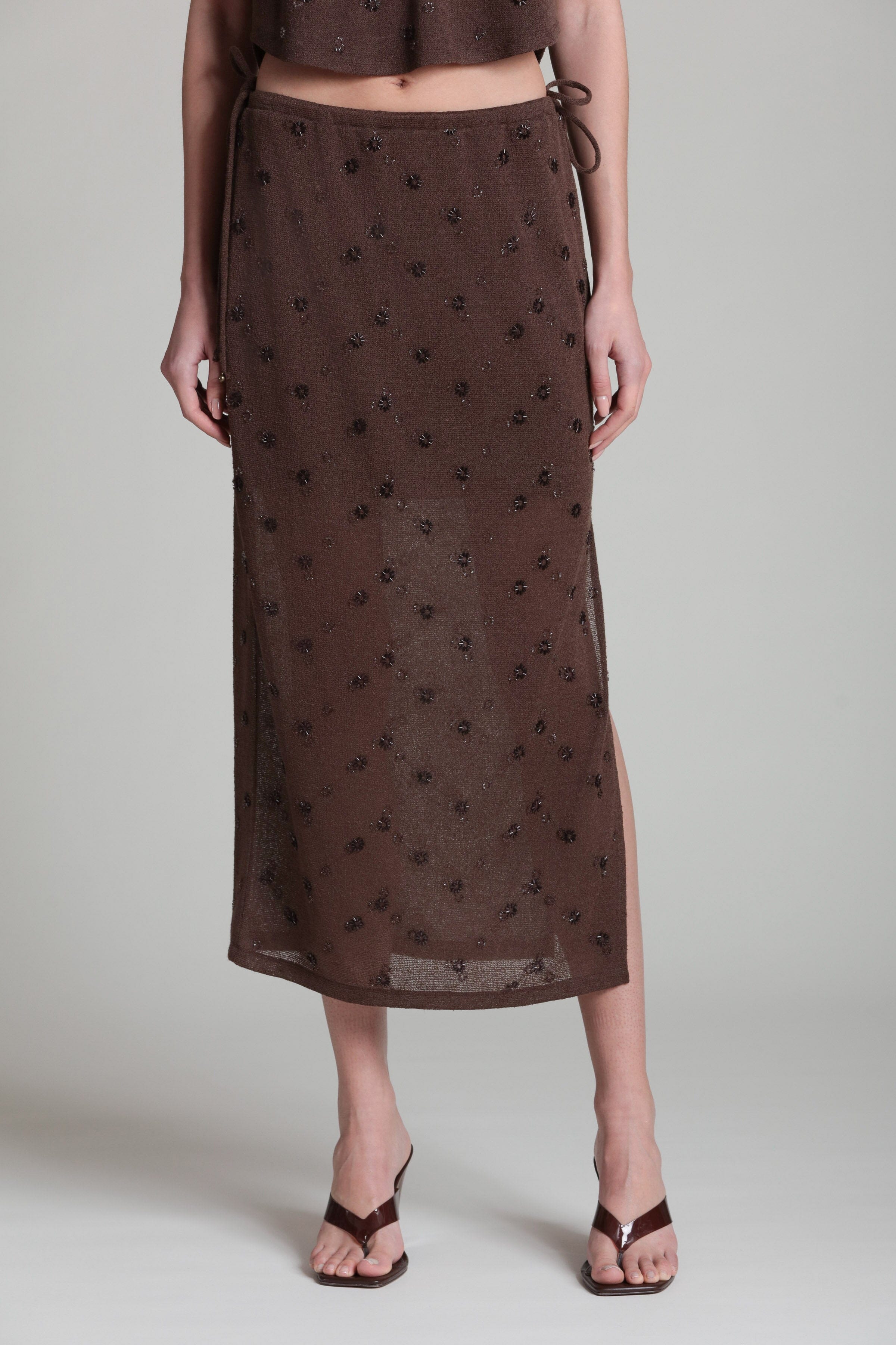 Beaded knit dark brown midi skirt with side drawstring ties - Shop women's cute midi skirts by Avec Les Filles.