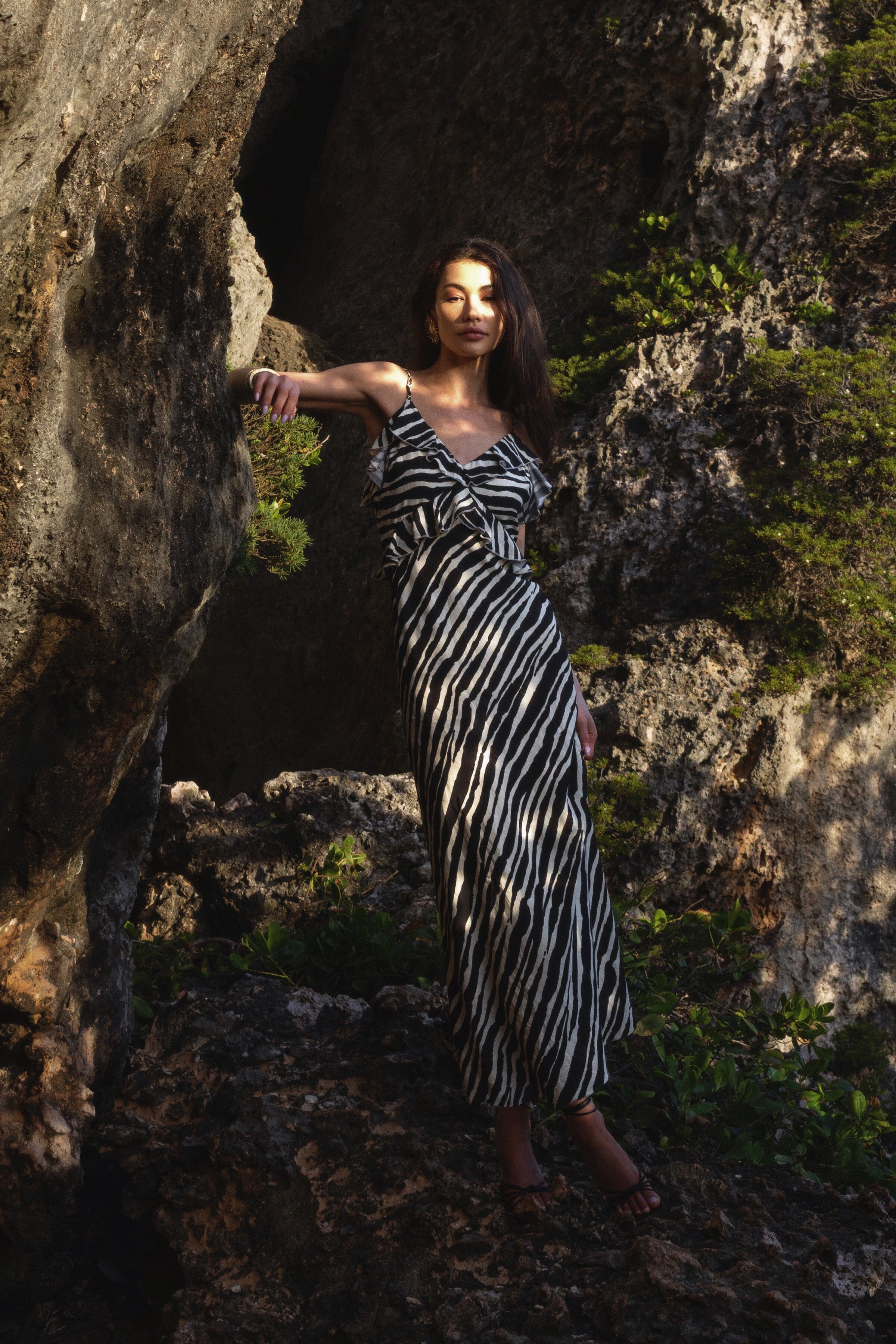 Zebra Lurex Stripe Braided Strap Ruffle Maxi Dress Dresses Avec Les Filles 
