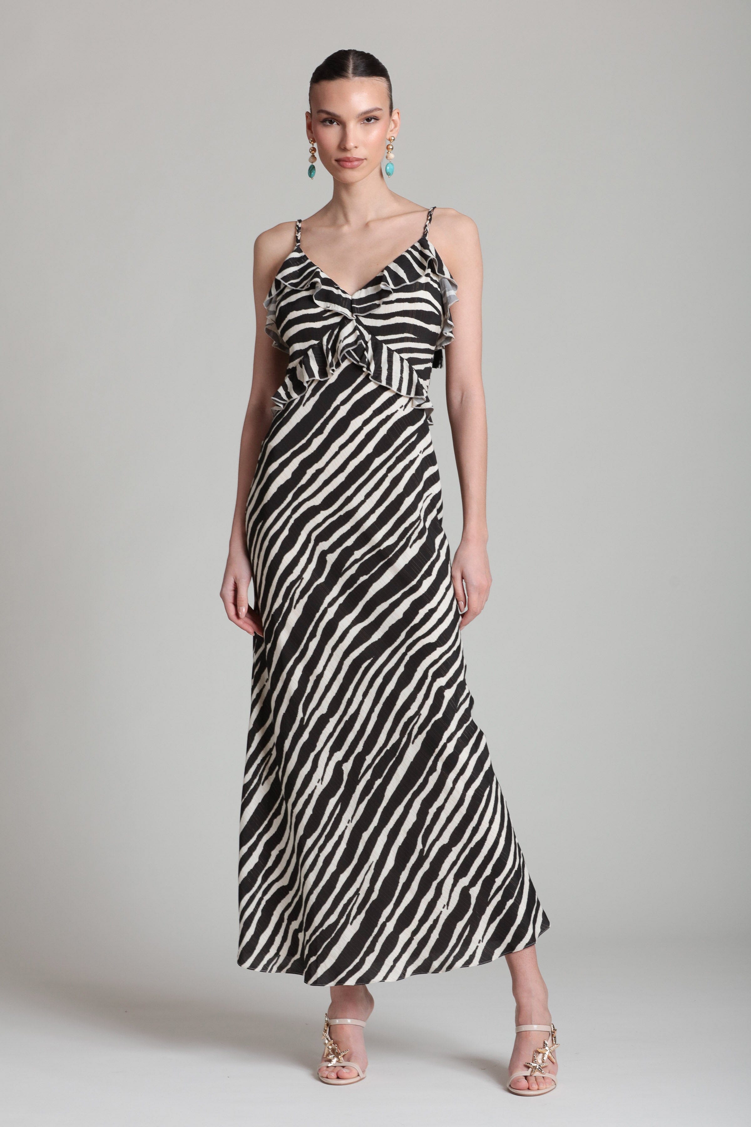 Zebra Lurex Stripe Braided Strap Ruffle Maxi Dress Zebra Lurex Stripe Braided Strap Ruffle Maxi Dress