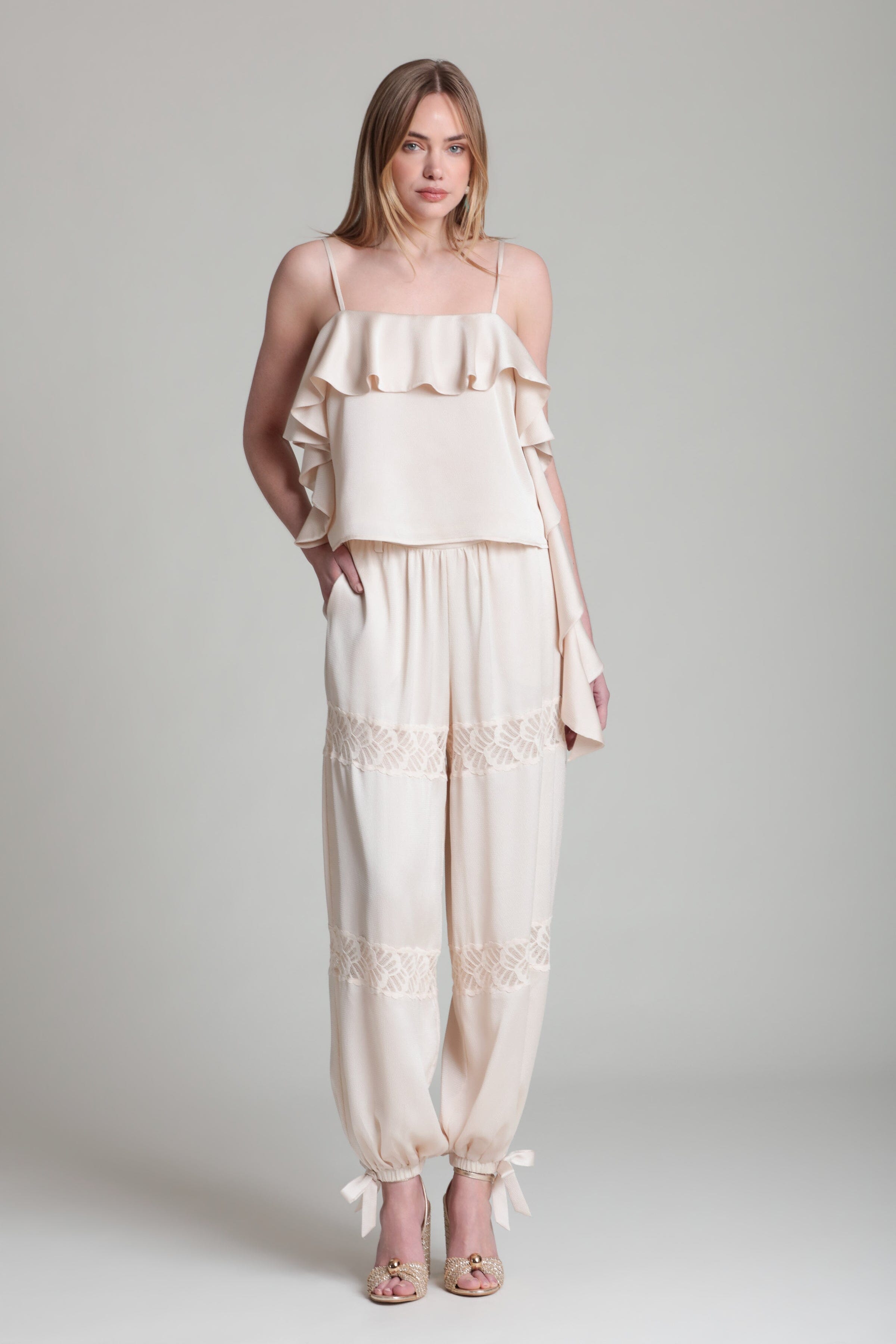 Asymmetrical Satin Crepe Ivory Ruffle Tank Top
