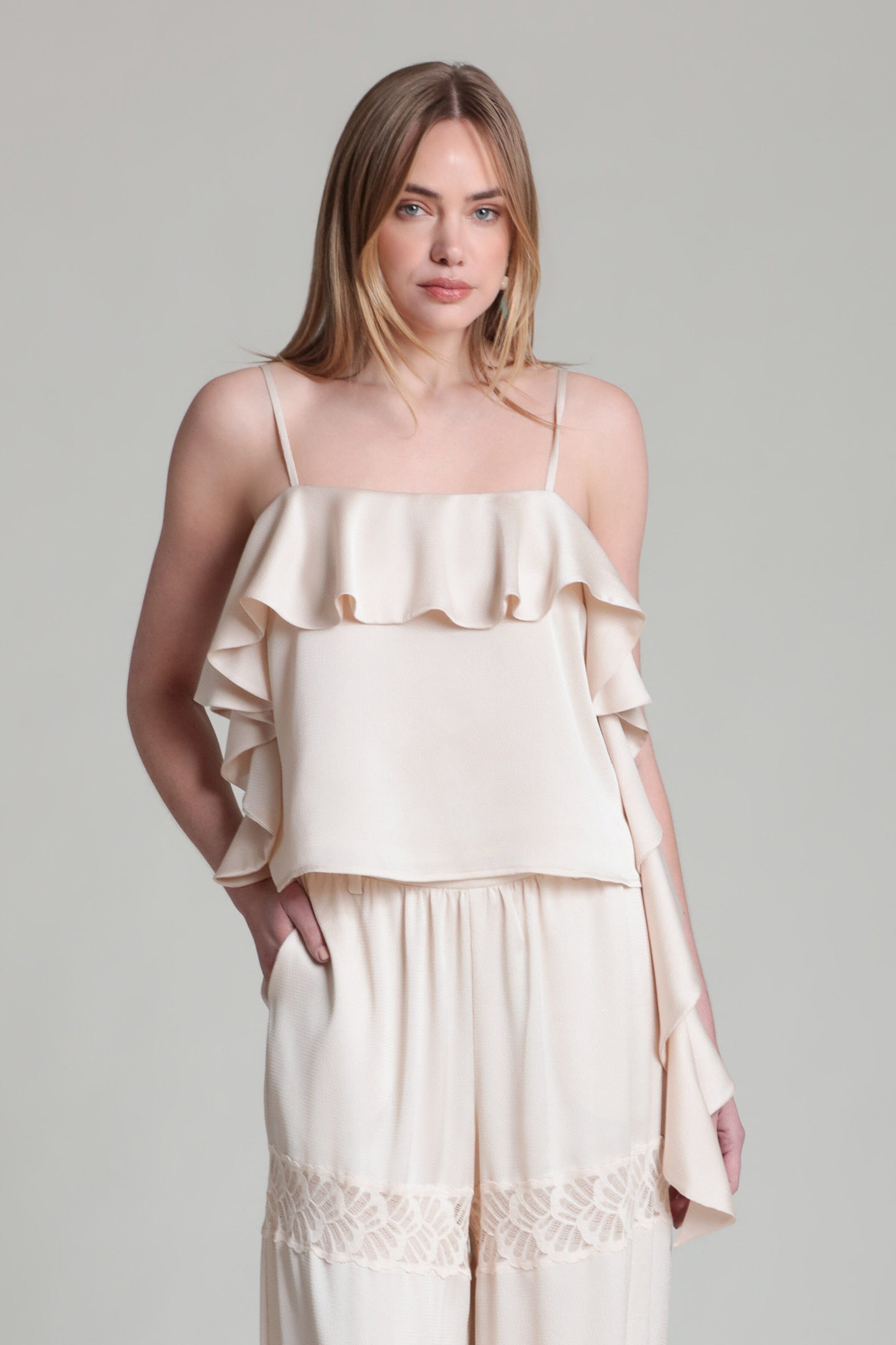 Satin crepe ivory asymmetrical top with adjustable straps - Shop women's cute tank tops by Avec Les Filles.