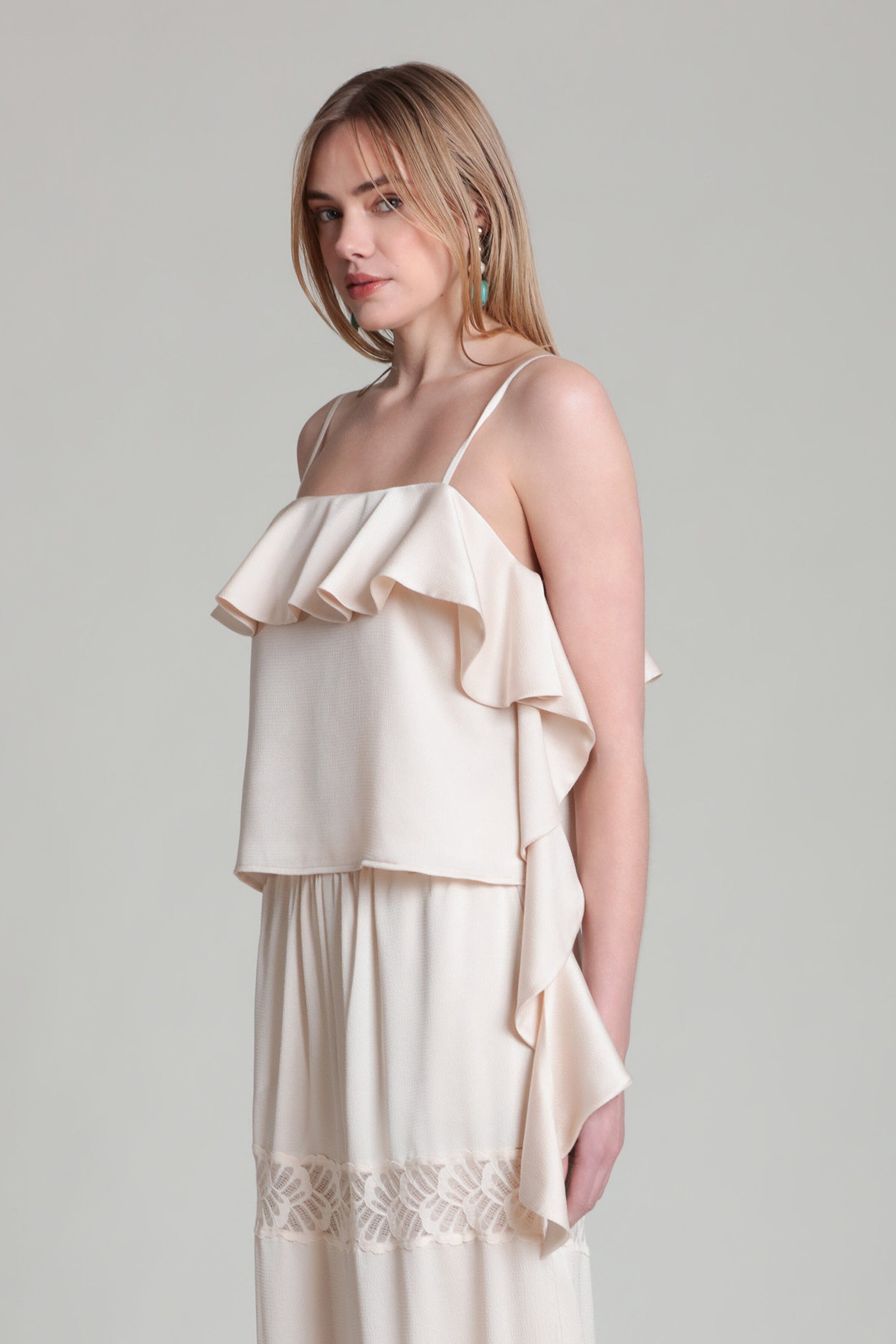 Satin crepe ivory ruffle trim tank top with adjustable straps - Shop women's cute tank tops by Avec Les Filles.