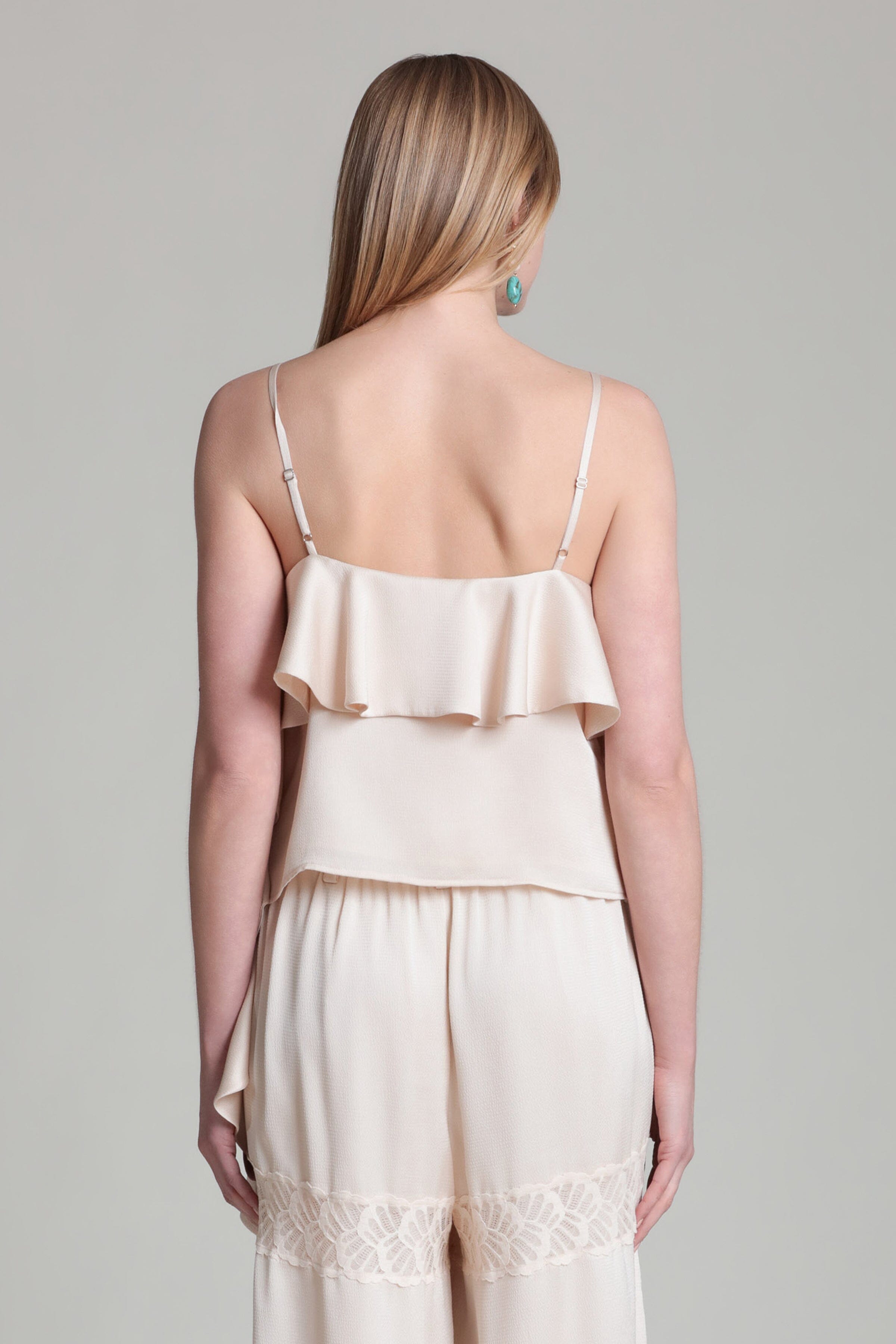 Asymmetrical Satin Crepe Ivory Ruffle Tank Top