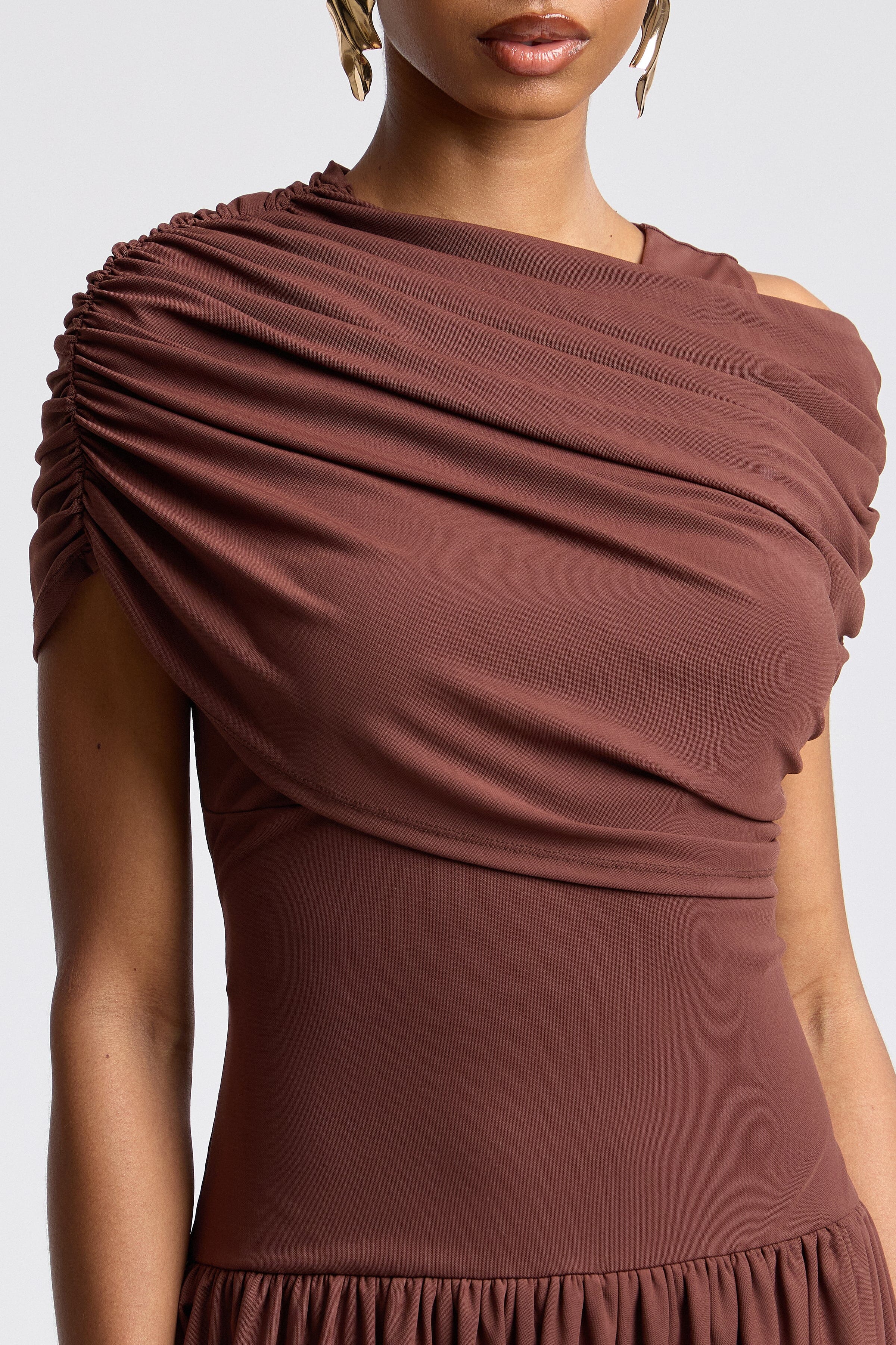 Draped mesh chocolate mini dress with one-shoulder neck - Shop designer women's mini dresses by Avec Les Filles