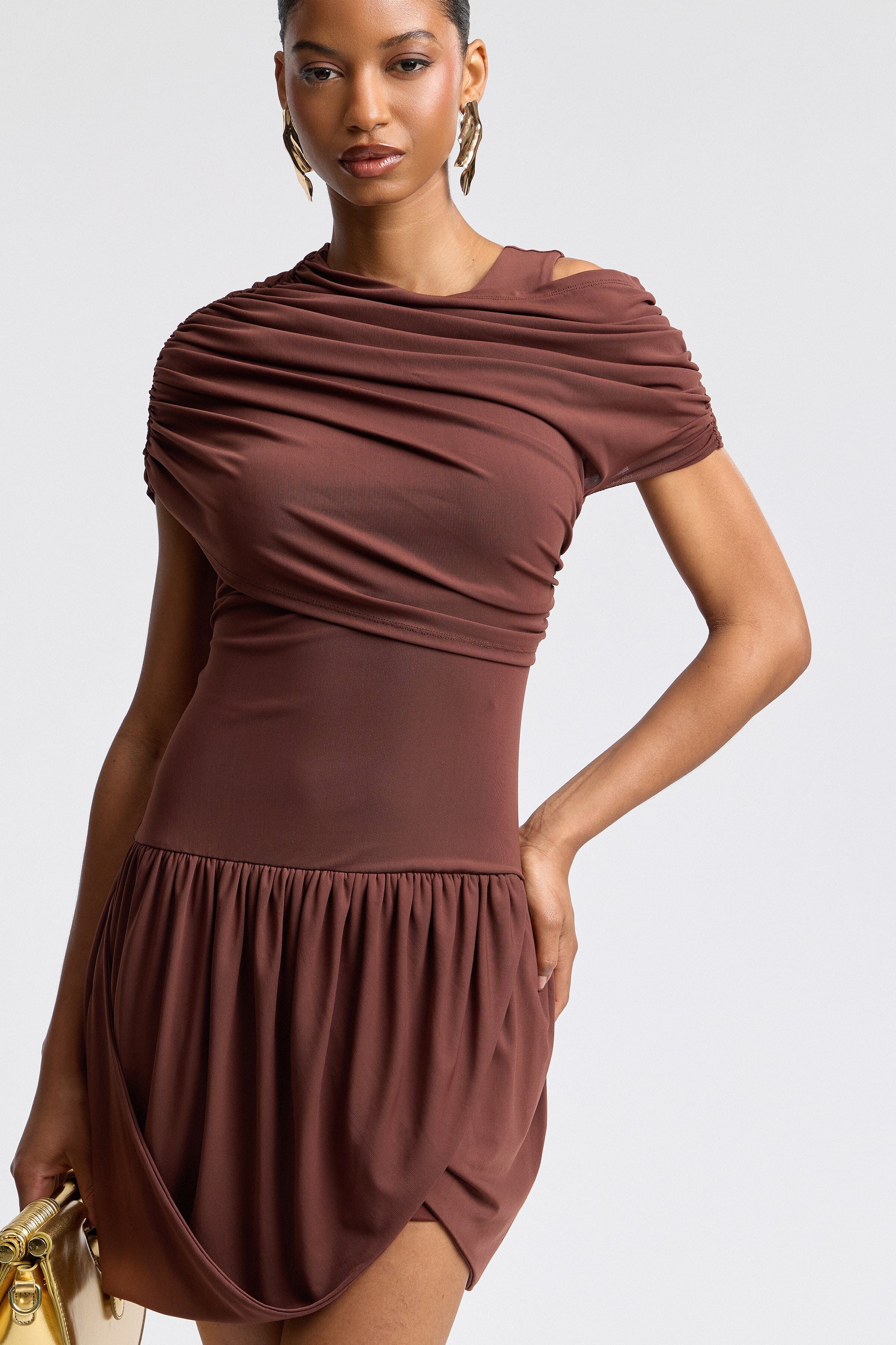 Draped mesh brown mini dress with one-shoulder neck and elastic waist - Shop women's mini dresses by Avec Les Filles