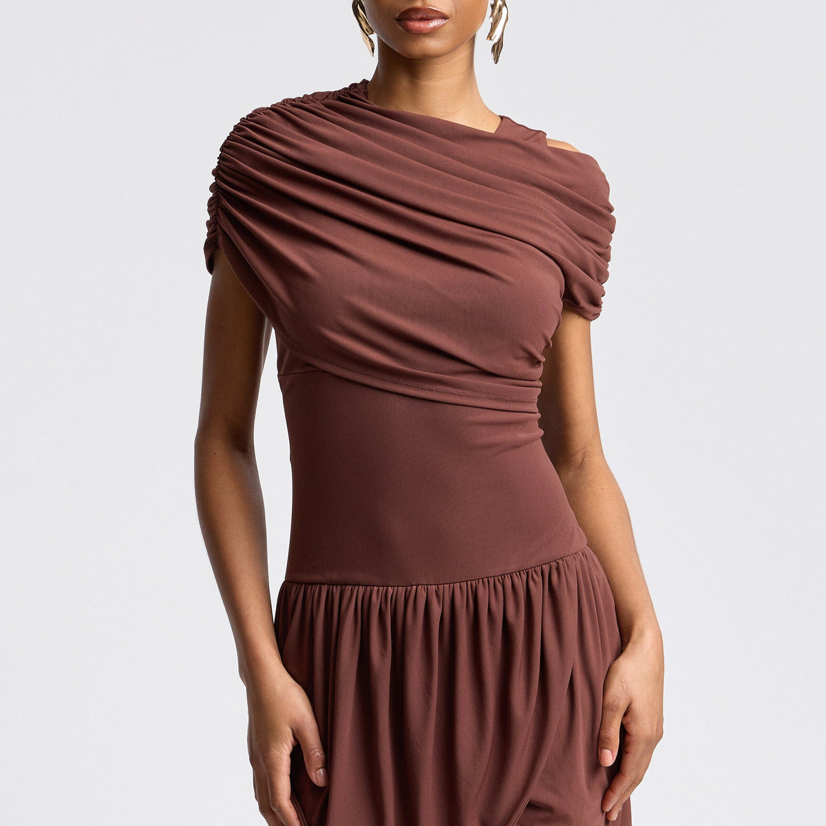 Draped Mesh One Shoulder Brown Mini Dress