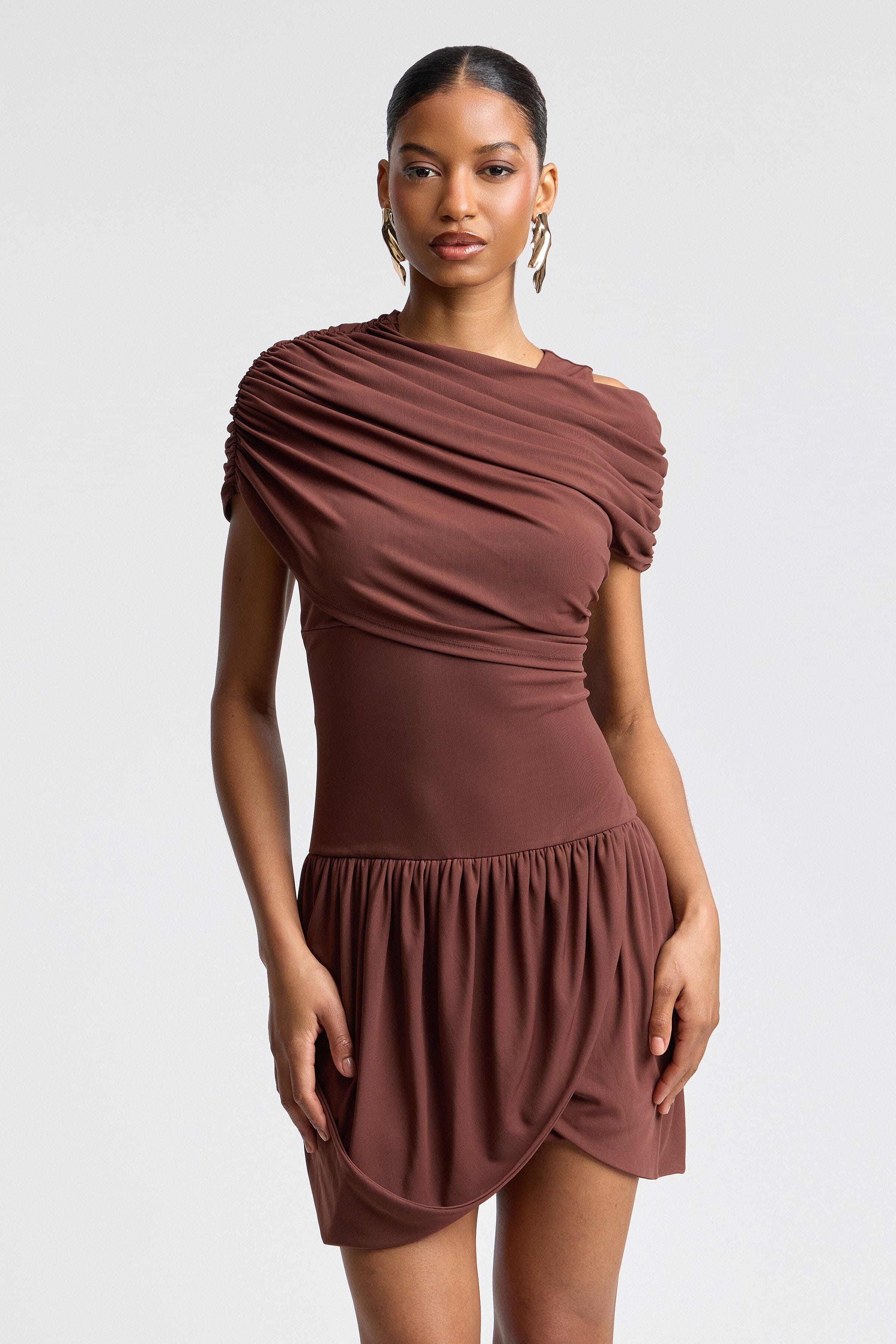 Draped mesh brown mini dress with one-shoulder neck and elastic waist - Shop women's mini dresses by Avec Les Filles