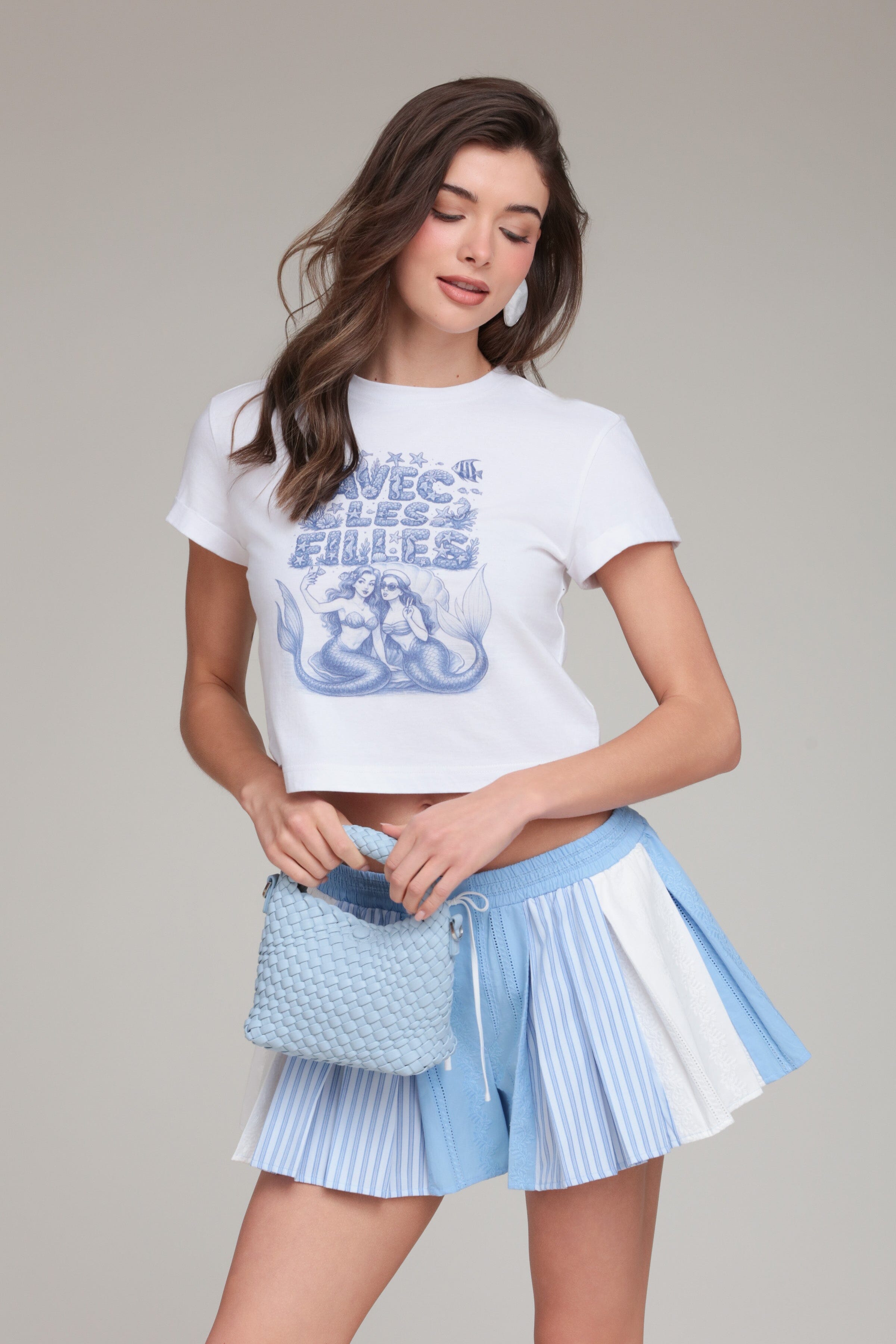 Cotton pleated blue white stripe short with  drawstring - Shop women's pleated cotton shorts by Avec Les Filles