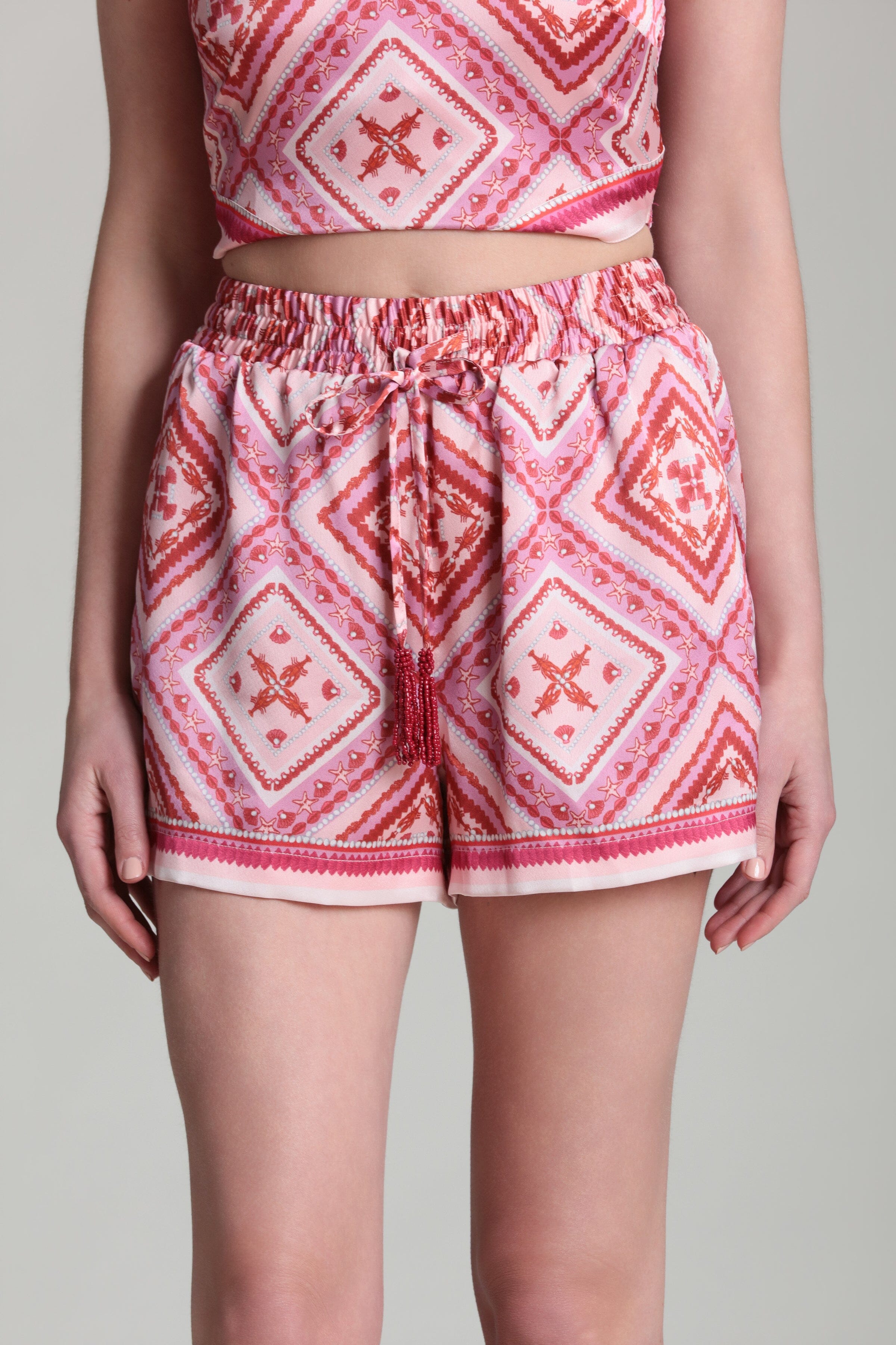 Lobster pearl printed red shorts for women with elastic waistband and adjustable drawstring by Avec Les Filles
