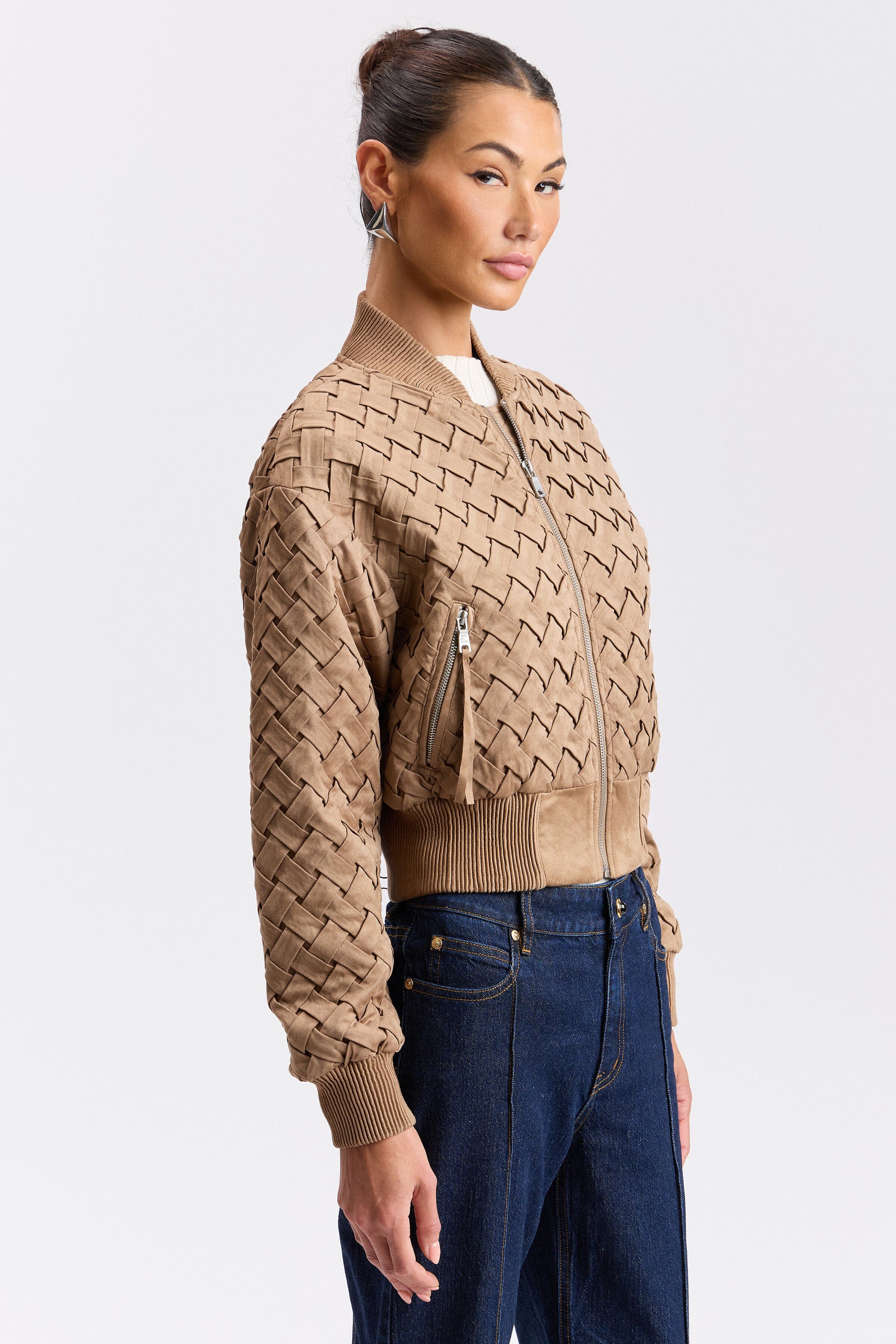 Woven beige women's faux suede jacket with long sleeves and a zip front - Shop designer jackets by Avec Les Filles.