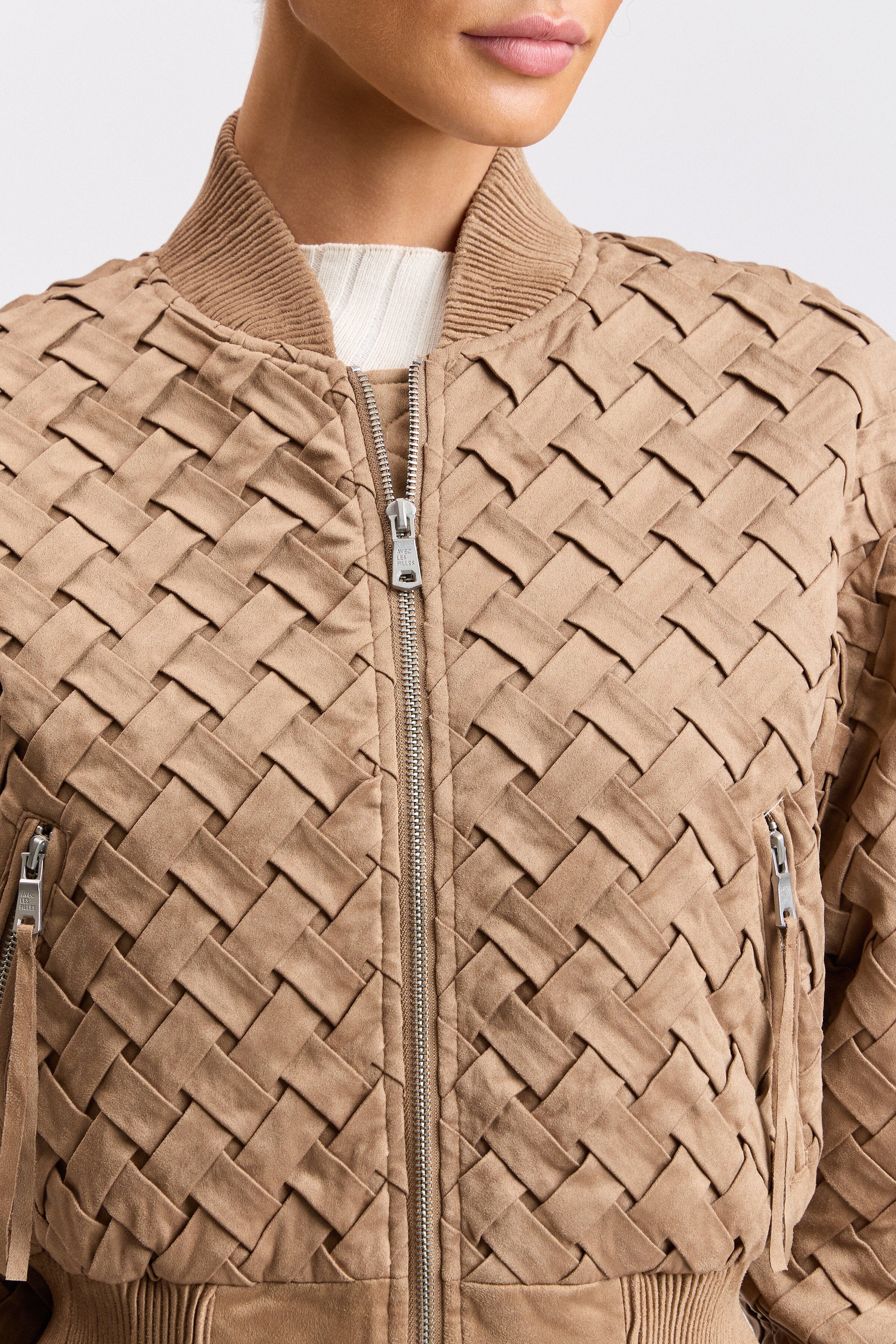 Woven beige cropped faux suede bomber jacket with zip front - Shop women's jackets by Avec Les Filles.