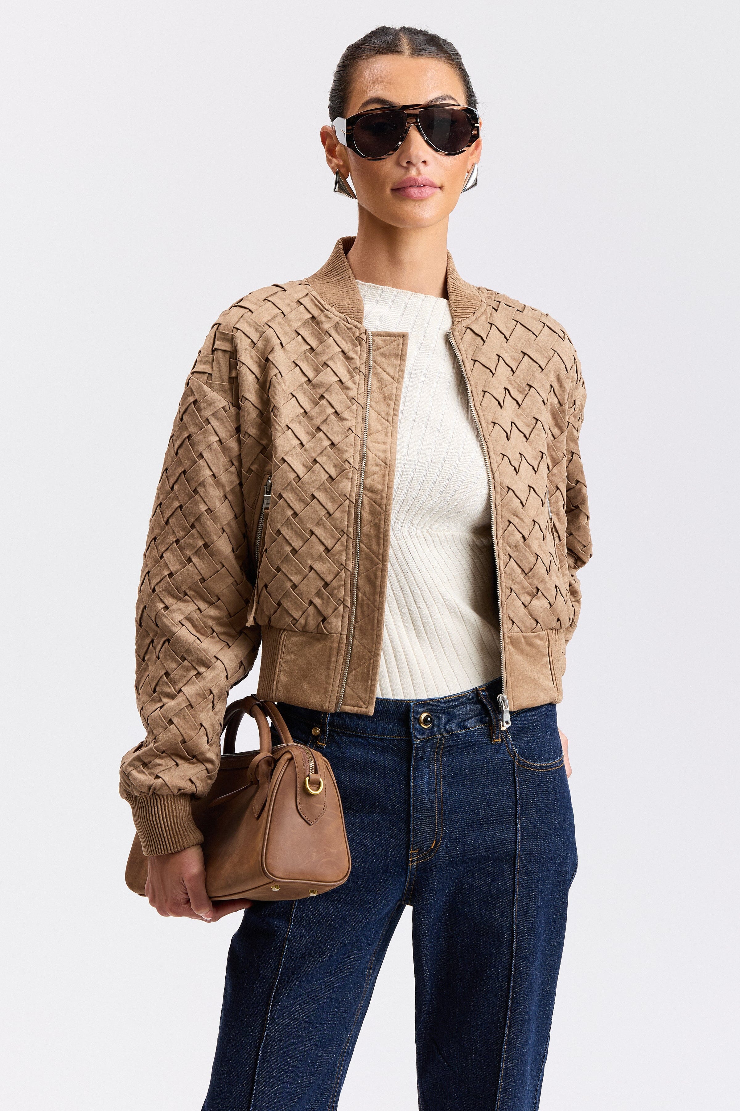 Beige bomber jacket with long sleeves and a zip front - Shop faux suede jackets for women by Avec Les Filles.