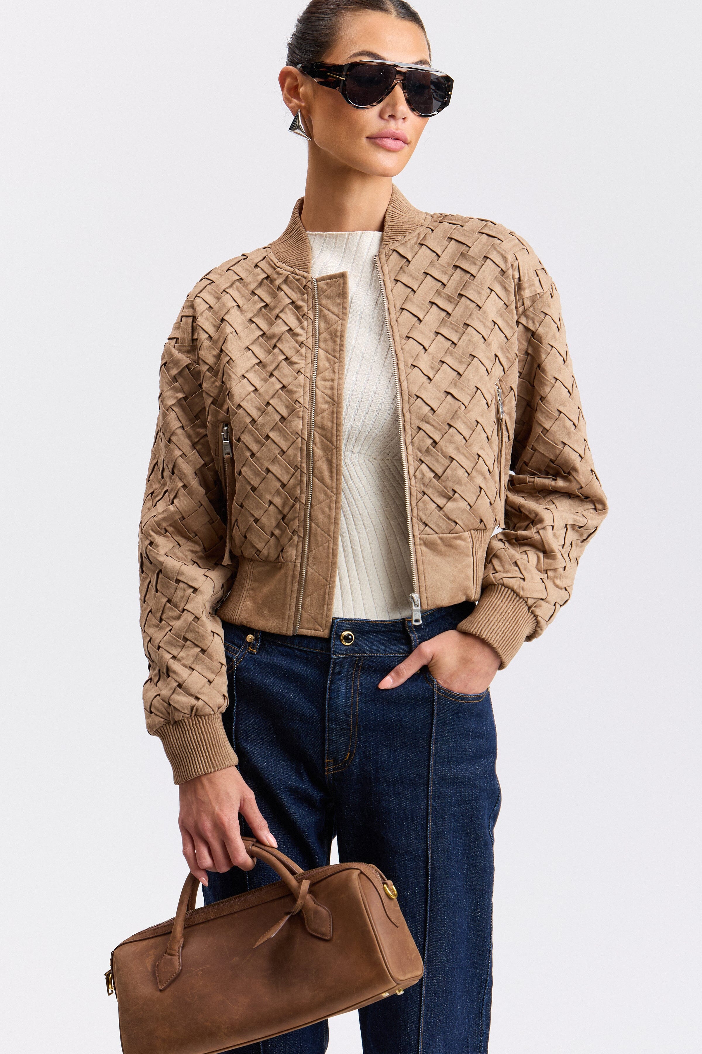 Woven beige cropped faux suede jacket women with long sleeves - Shop bomber jackets by Avec Les Filles.