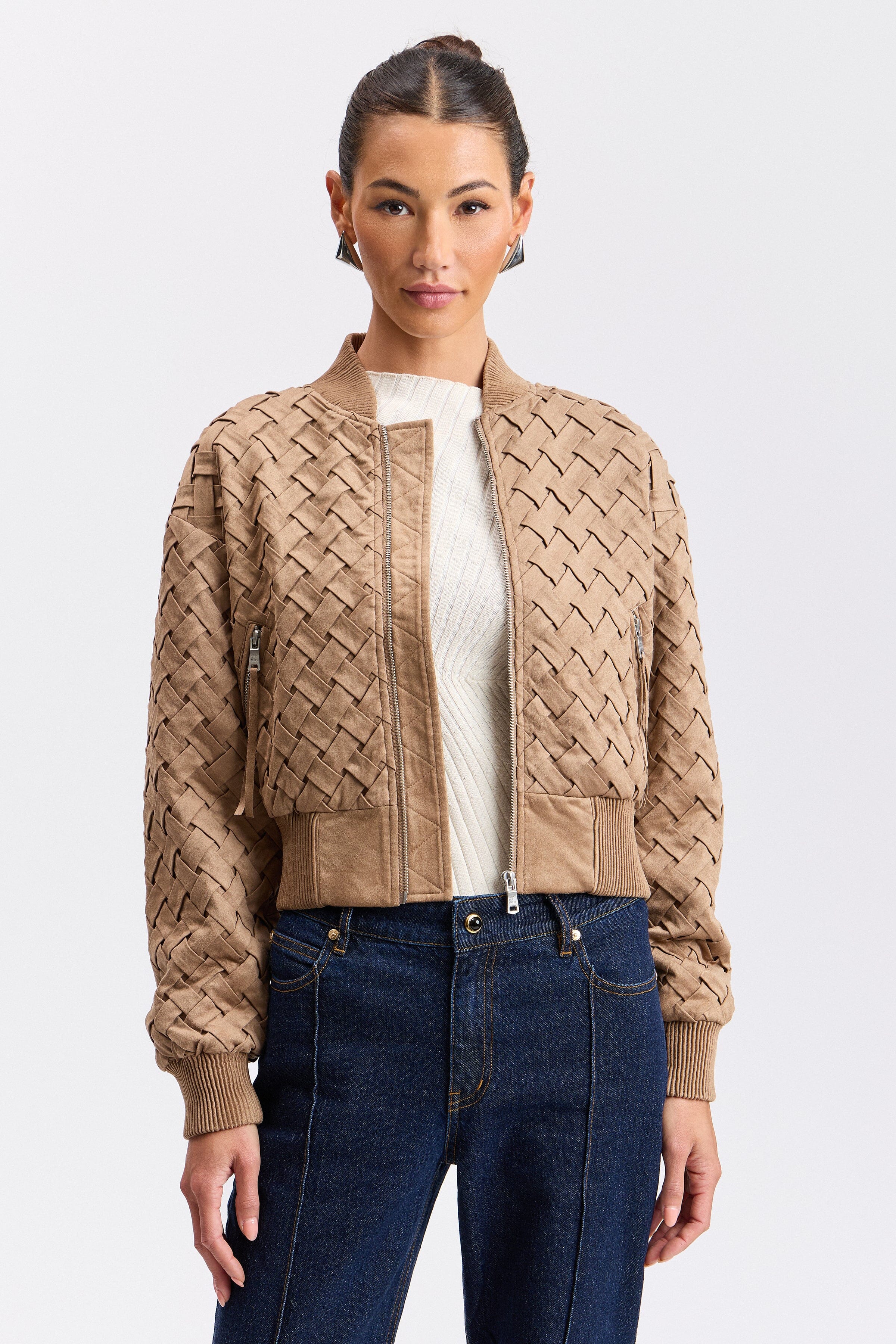 Beige cropped faux suede bomber jacket with zip front - Shop women's bomber jackets by Avec Les Filles.