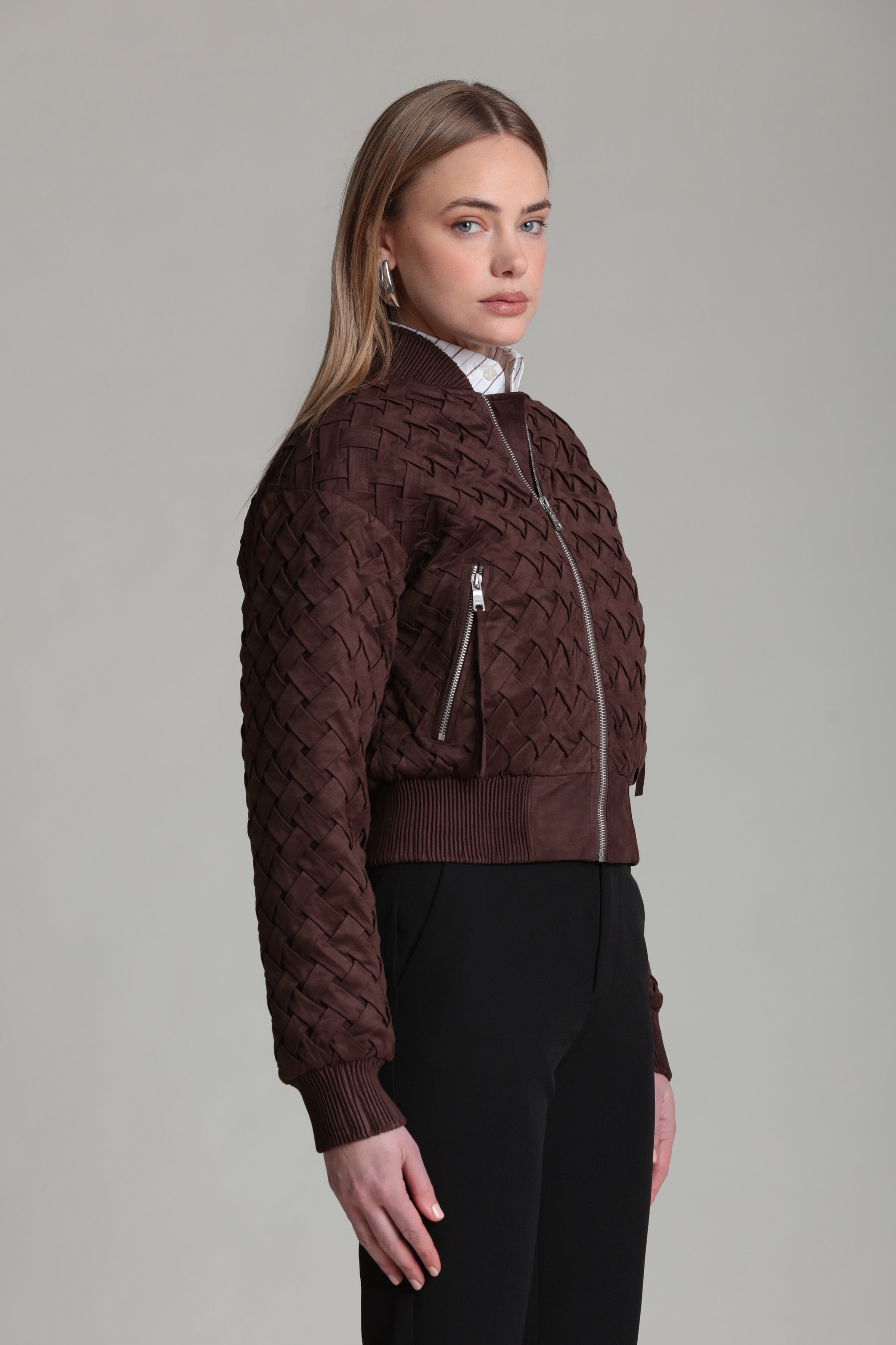 woven faux suede brown bomber jacket with long sleeves - Shop designer women's cute jackets by Avec Les Filles