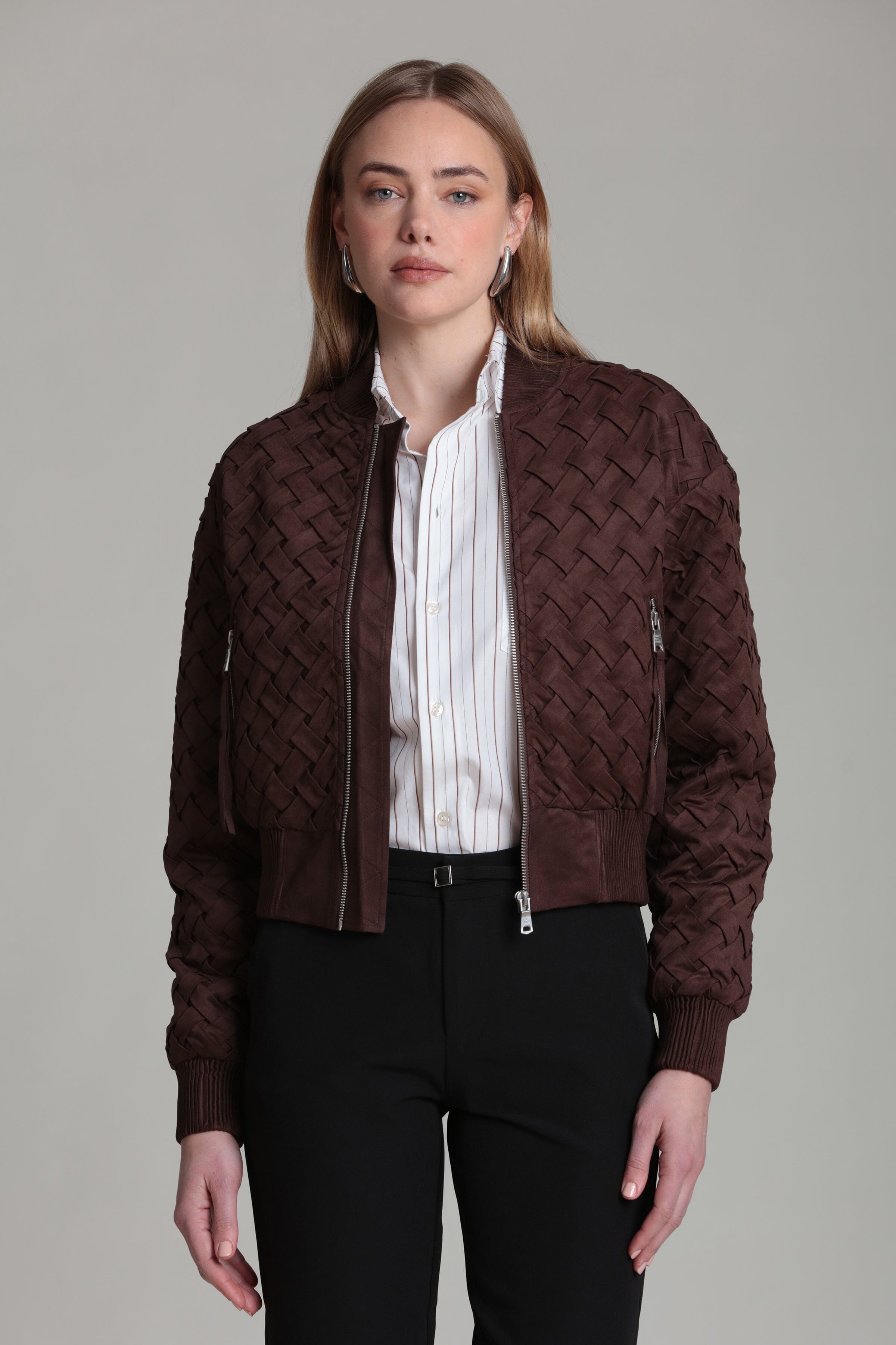 woven brown faux suede bomber jacket with long sleeves - Shop designer women's cute jackets by Avec Les Filles