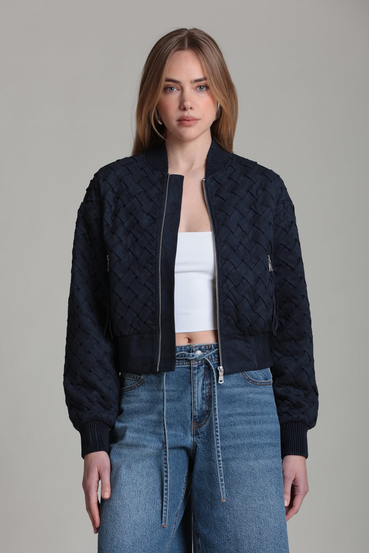 Faux Suede Woven Blue Bomber Jacket