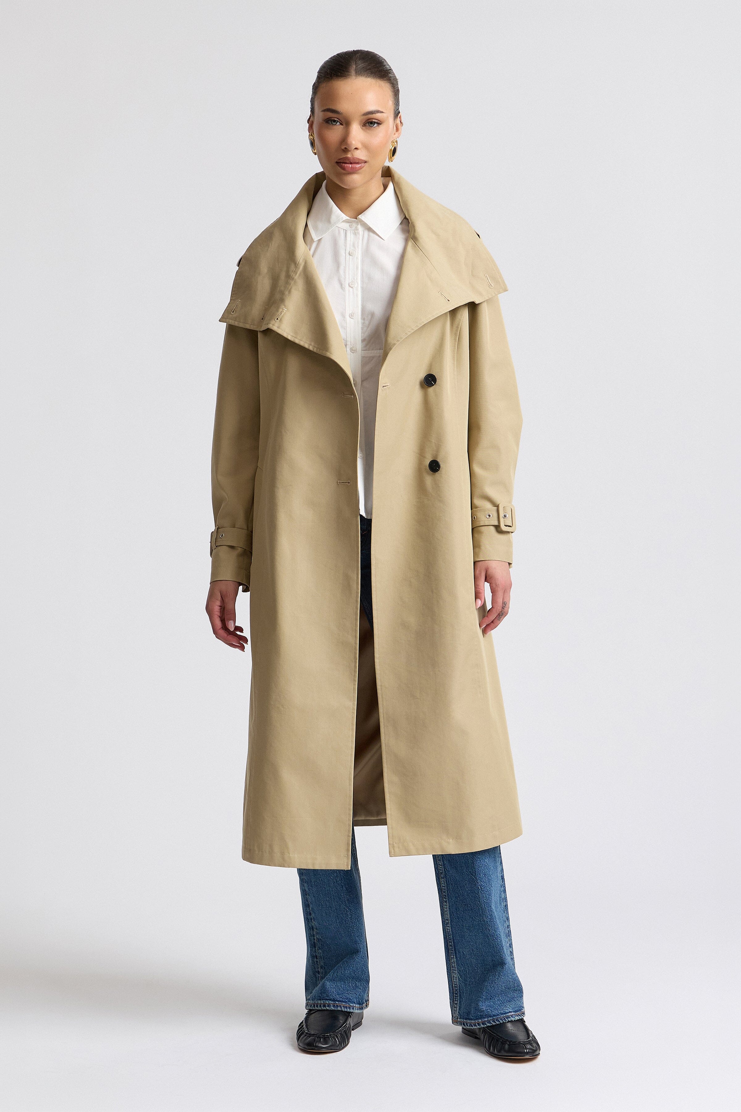 Beige belted funnel neck trench coat with buckle-adjustable long sleeves - Shop women's trench coats by Avec Les Filles