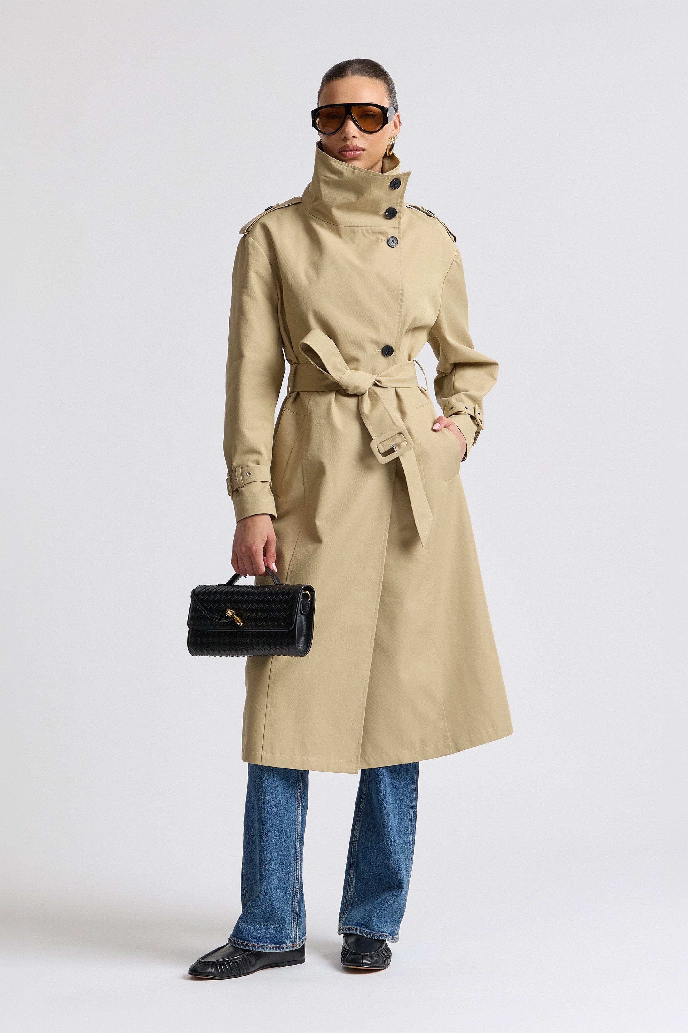 Beige belted funnel neck trench coat in a cotton blend with button-front - Shop women's trench coats by Avec Les Filles