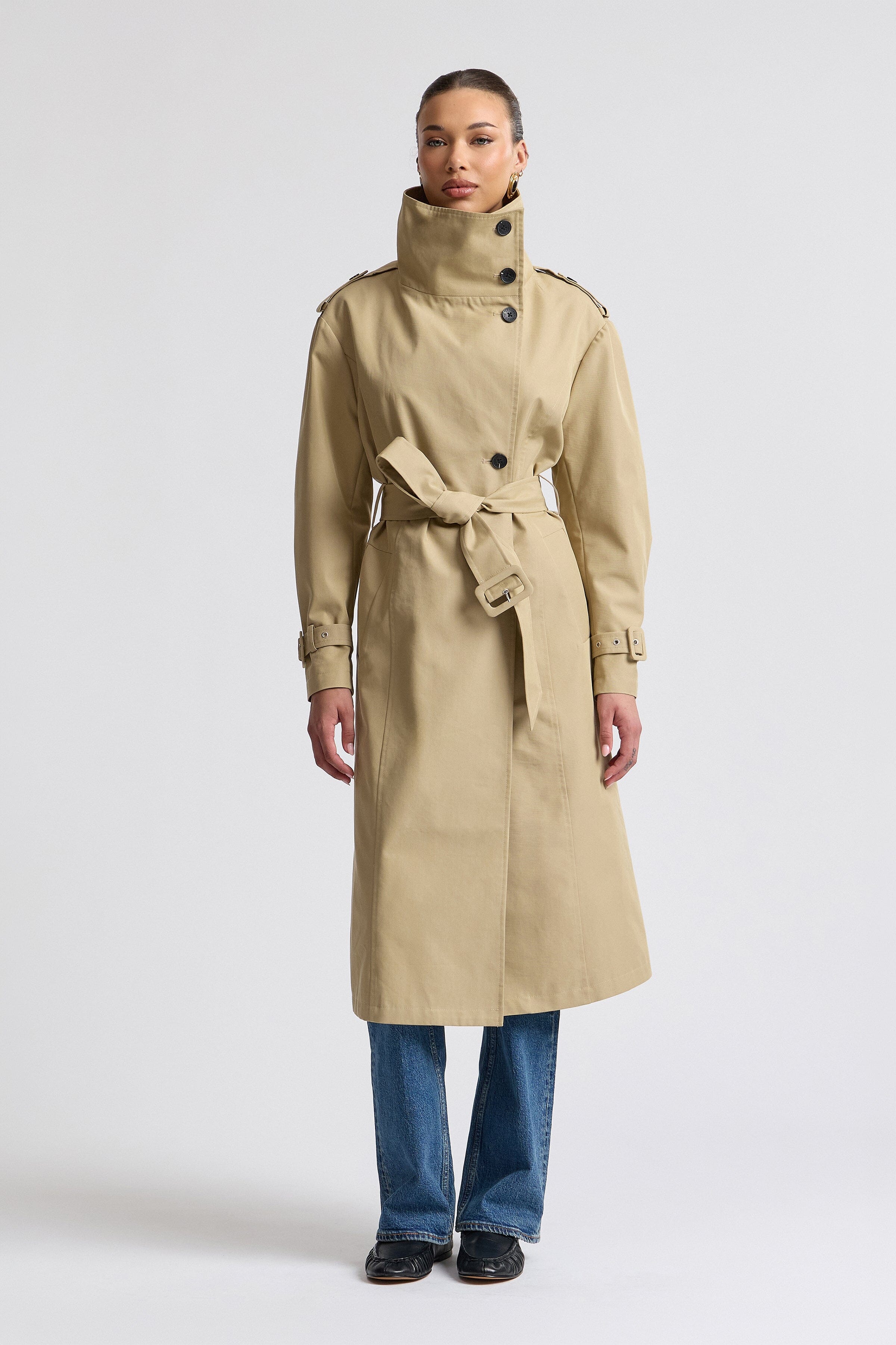 belted beige trench coat women with buckle-adjustable long sleeves - Shop trench coats by Avec Les Filles