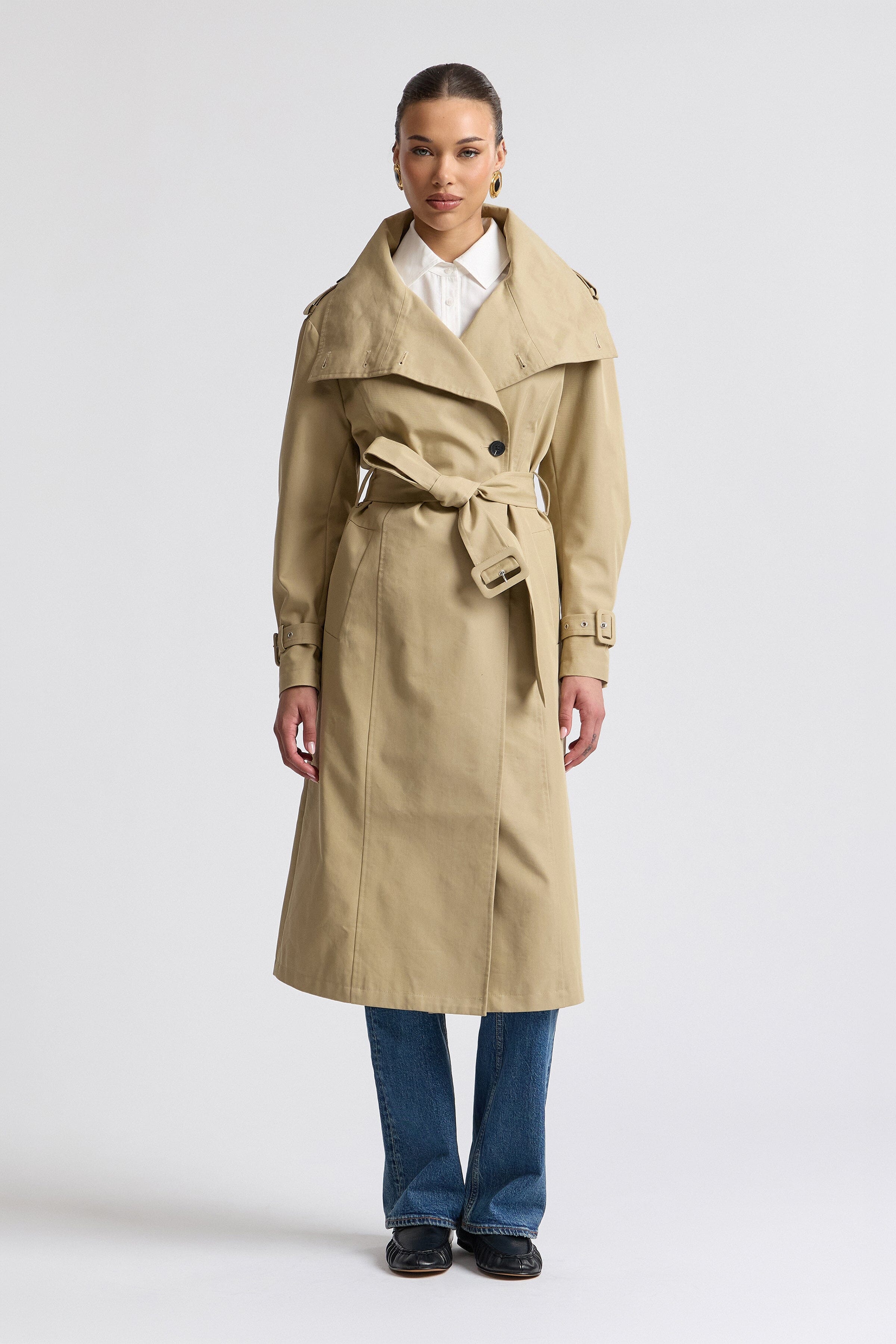 Belted trench coat tan with buckle-adjustable long sleeves - Shop women's trench coats by Avec Les Filles
