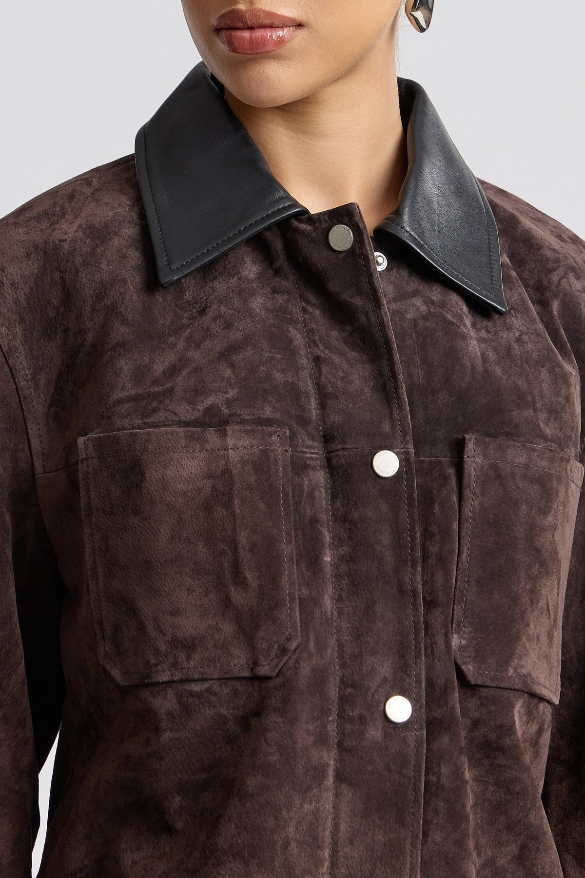 Genuine leather brown suede jacket women with a point collar. Shop cute brown suede jackets by Avec Les Filles.