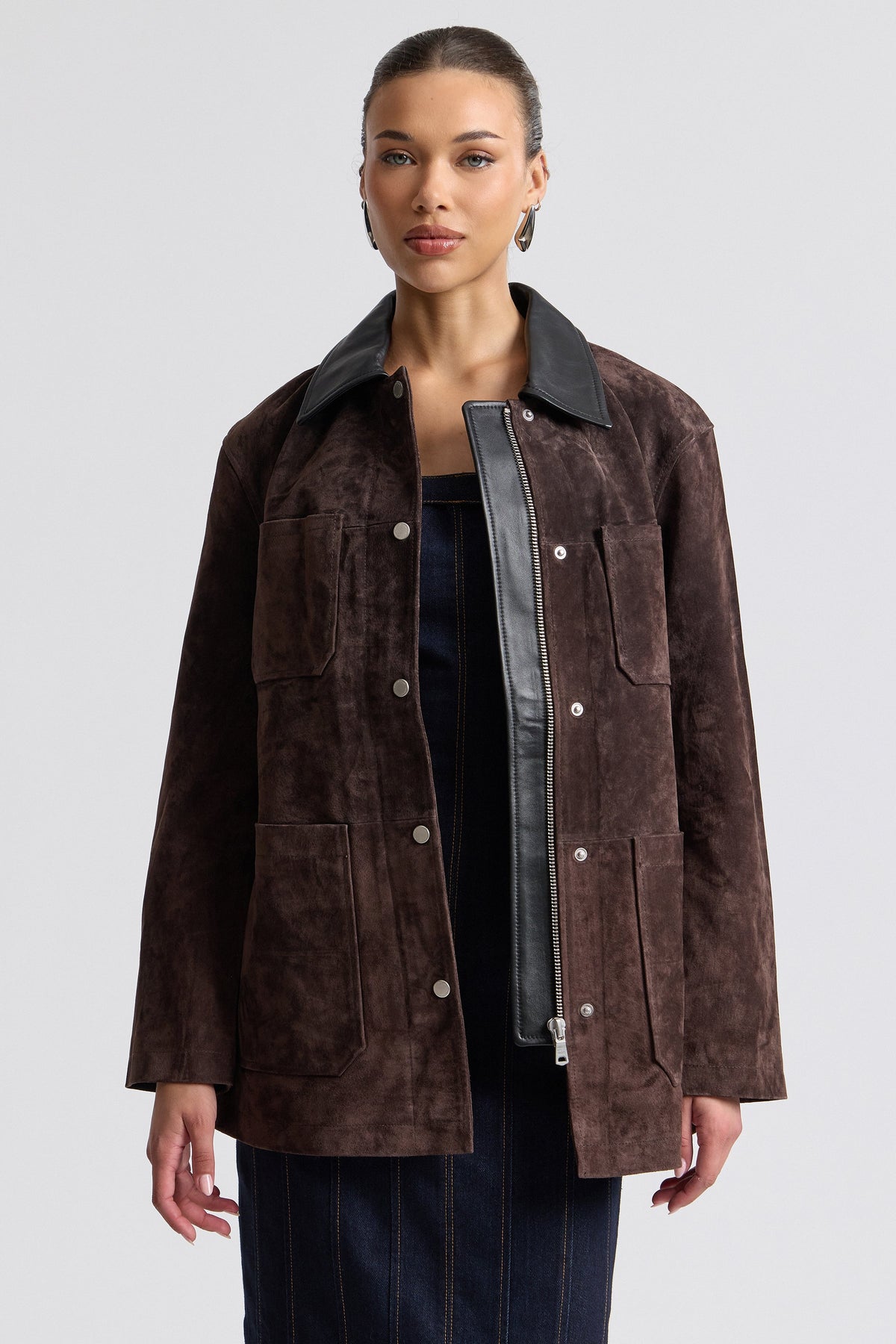 Genuine suede leather brown barn jacket with zip-front and point collar. Shop cute brown suede jackets by Avec Les Filles.