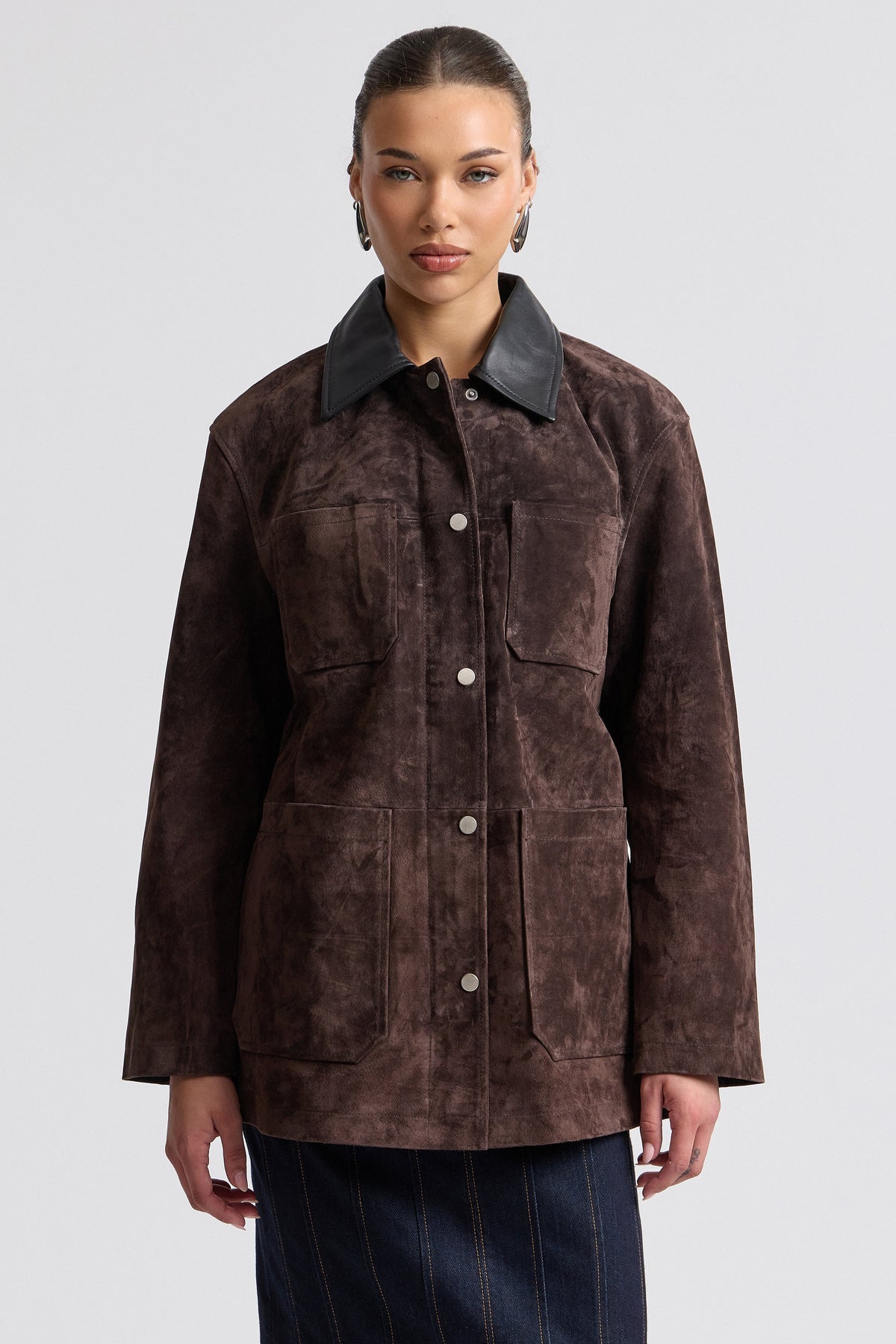 Genuine leather brown suede jacket womens with point collar. Shop designer brown suede jackets by Avec Les Filles.