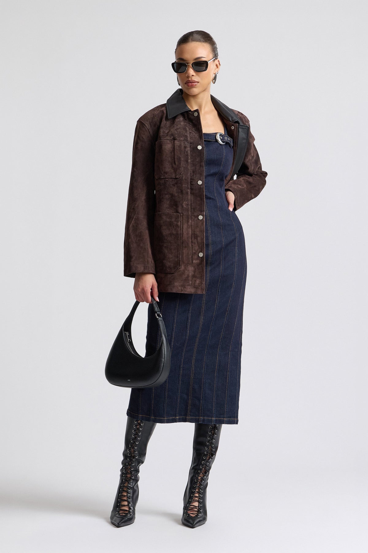 Genuine leather brown suede jacket with a point collar. Shop women's cute brown suede jackets by Avec Les Filles.