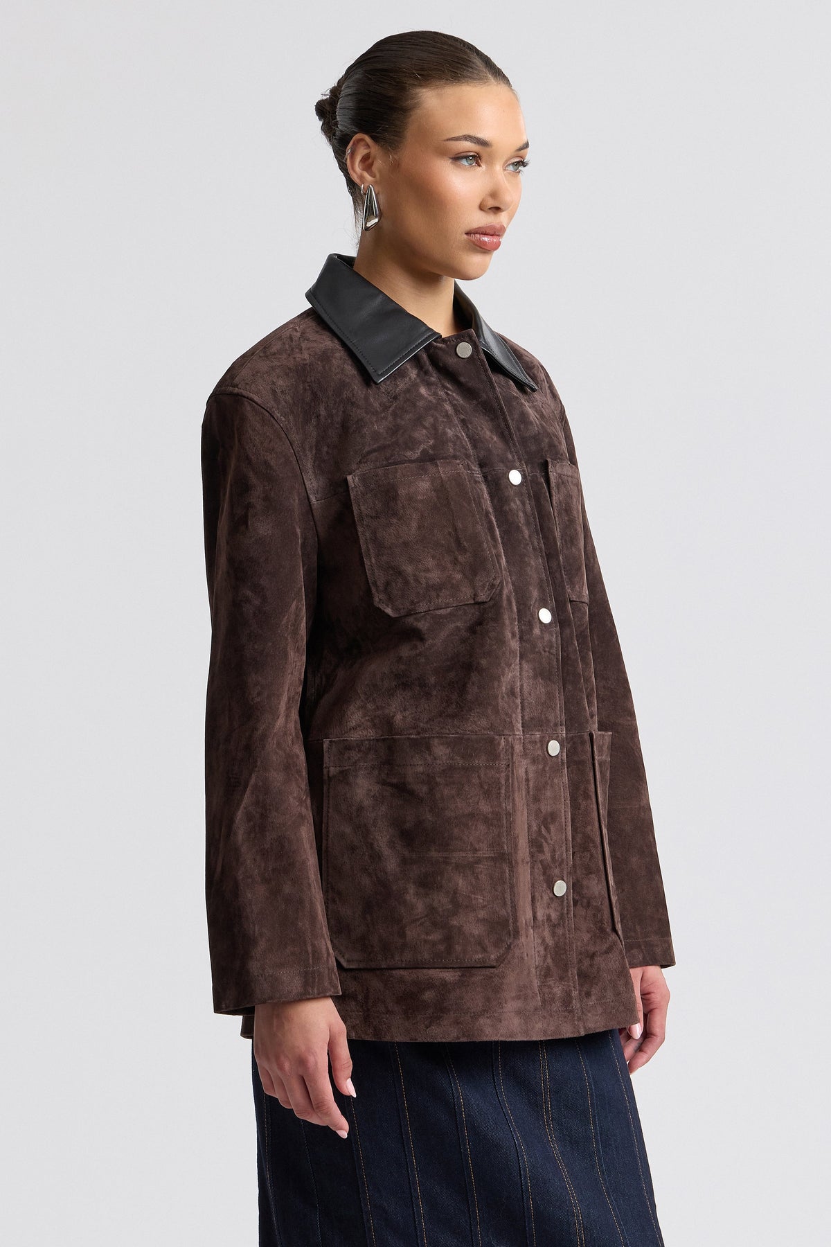 Genuine suede & leather brown barn jacket with button-front - Shop women's brown suede jackets by Avec Les Filles.