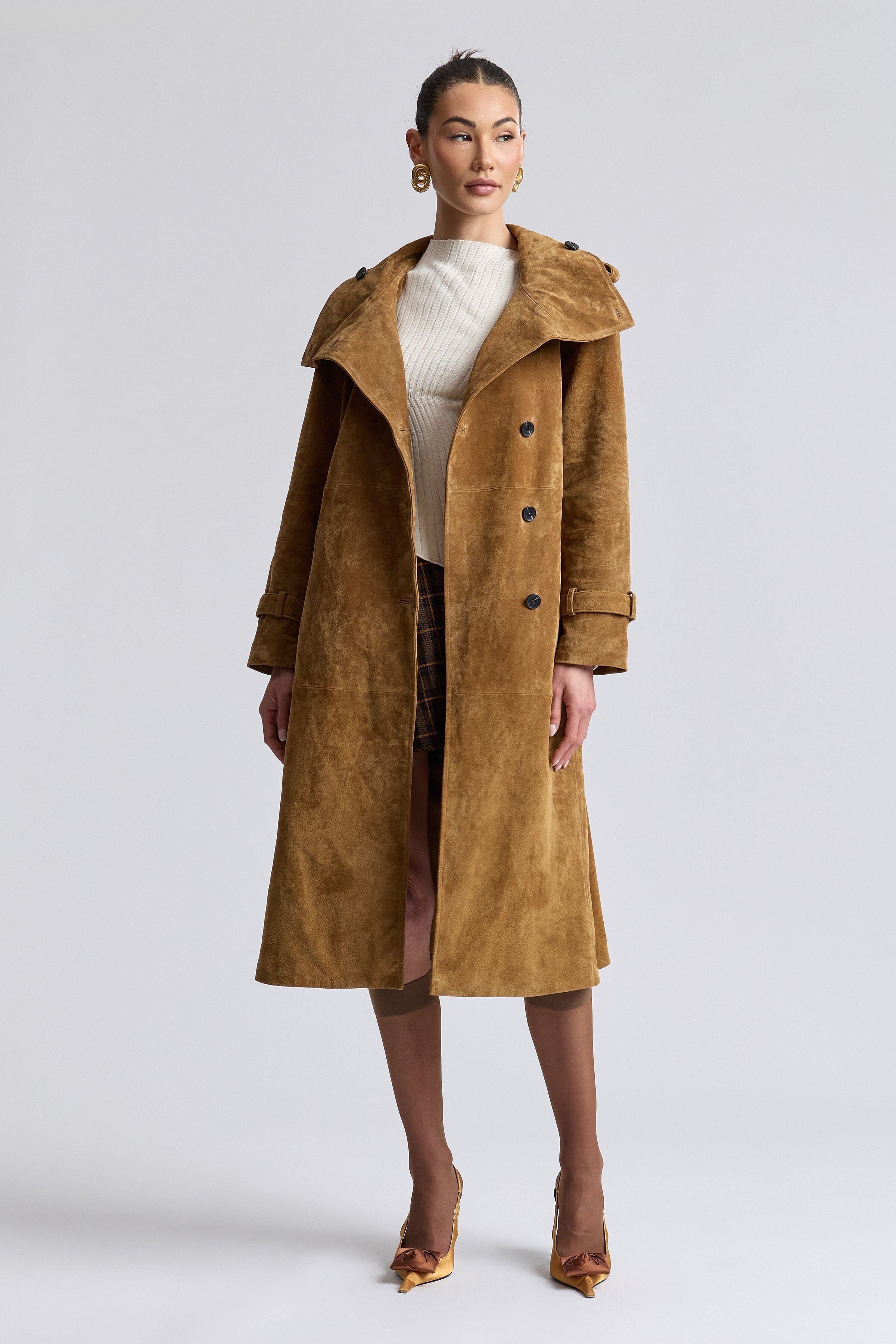Front-button brown suede trench coat with funnel neck - Shop women's trench coats by Avec Les Filles.