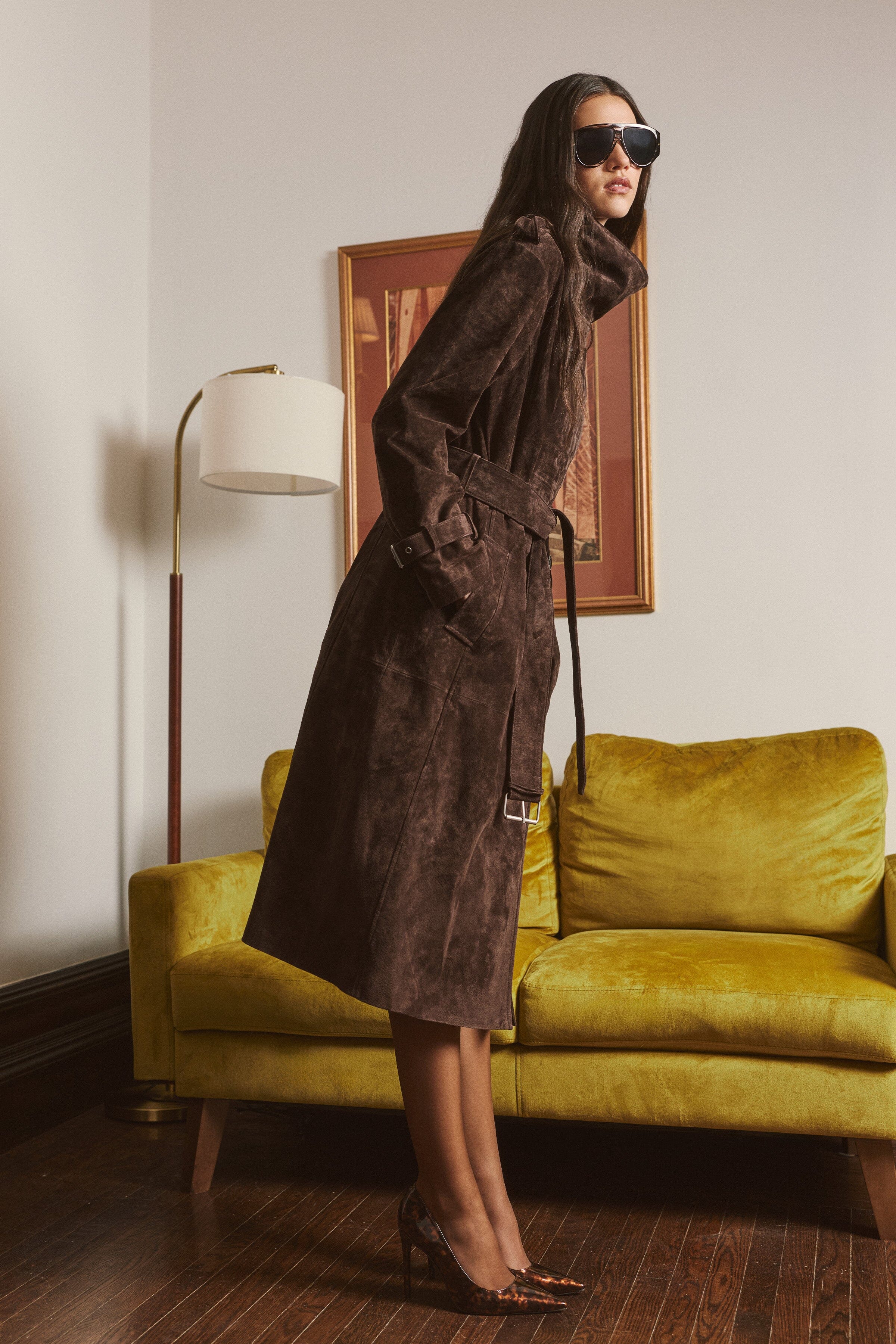Dark brown suede trench coat with removable belt and funnel neck - Shop women's trench coats by Avec Les Filles.