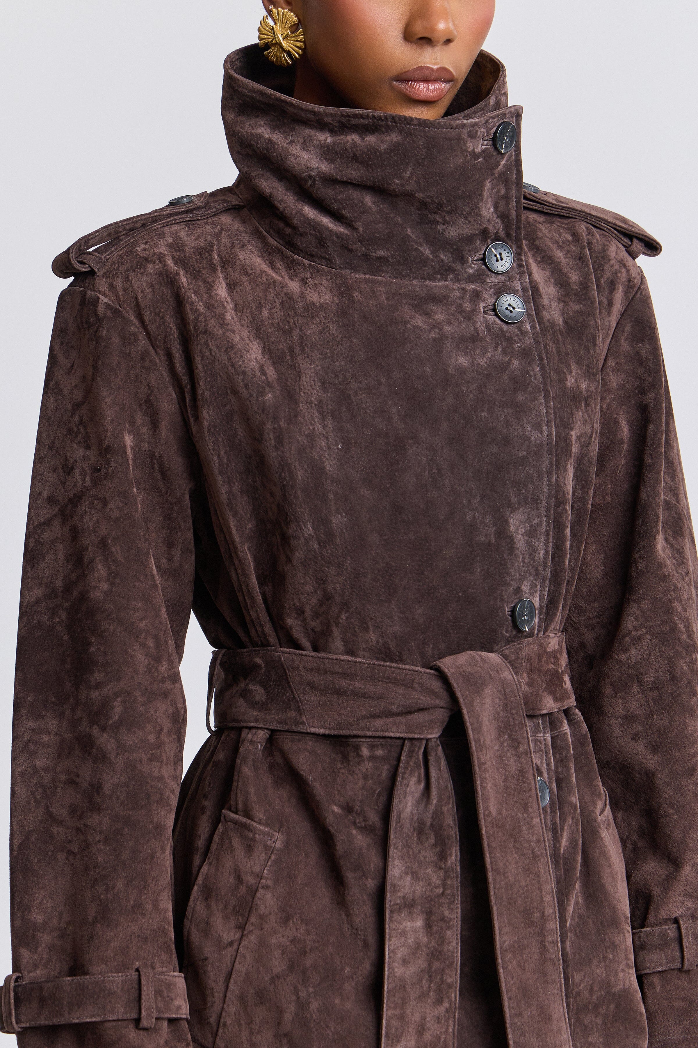 Dark brown trench coat womens with removable belt and funnel neck - Shop designer trench coats by Avec Les Filles.