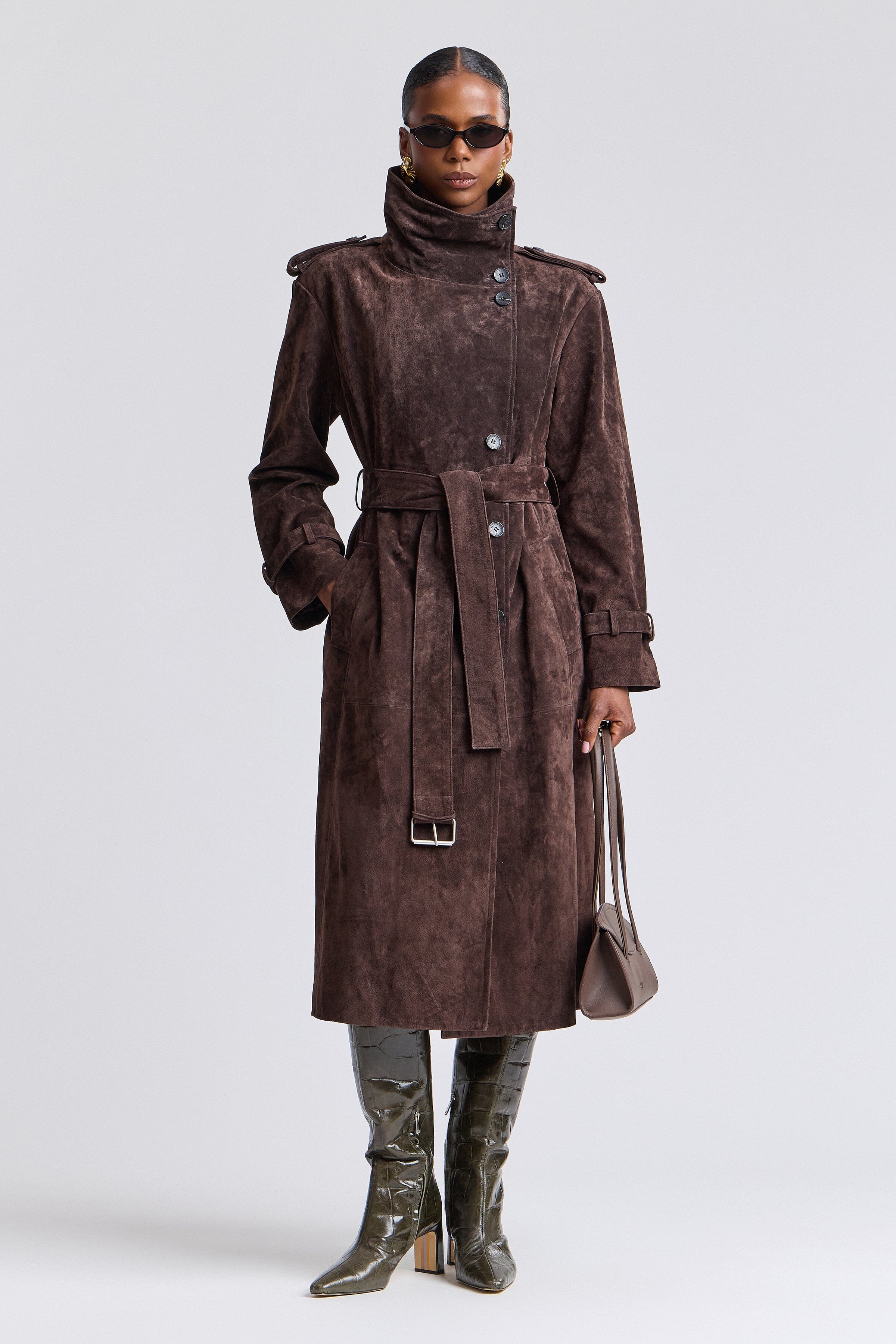 Dark brown suede real suede jacket with removable belt and funnel neck - Shop women's trench coats by Avec Les Filles.