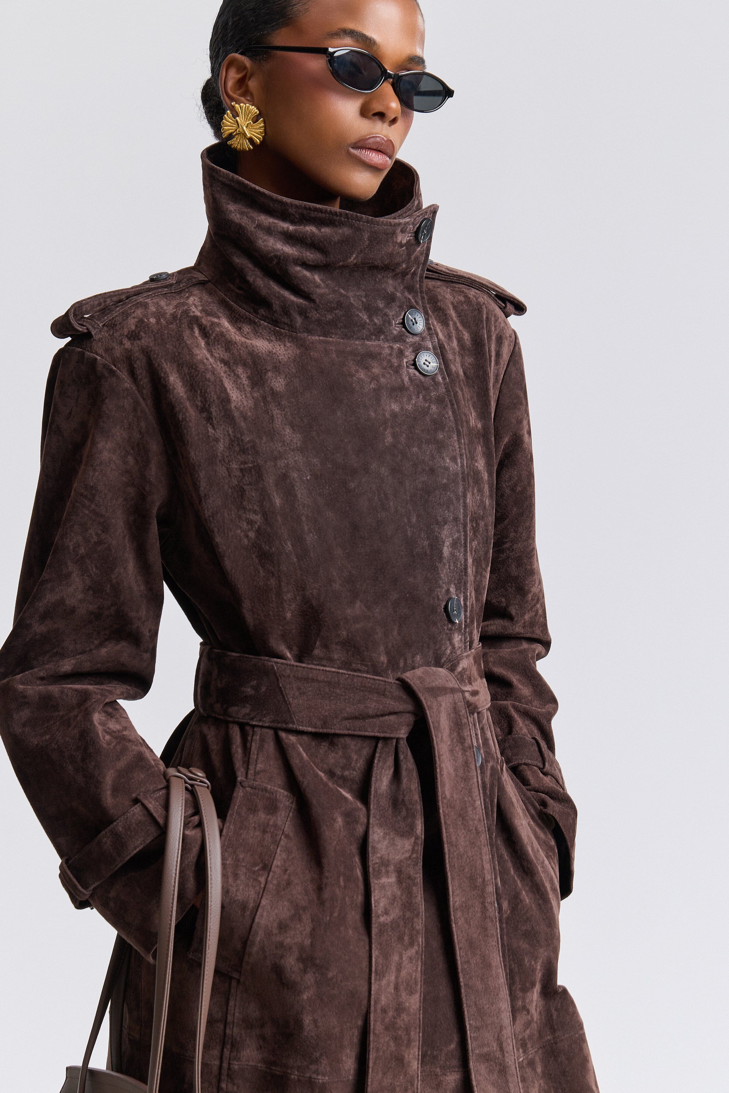 Front-button dark brown suede jacket with removable belt and funnel neck - Shop women's trench coats by Avec Les Filles.