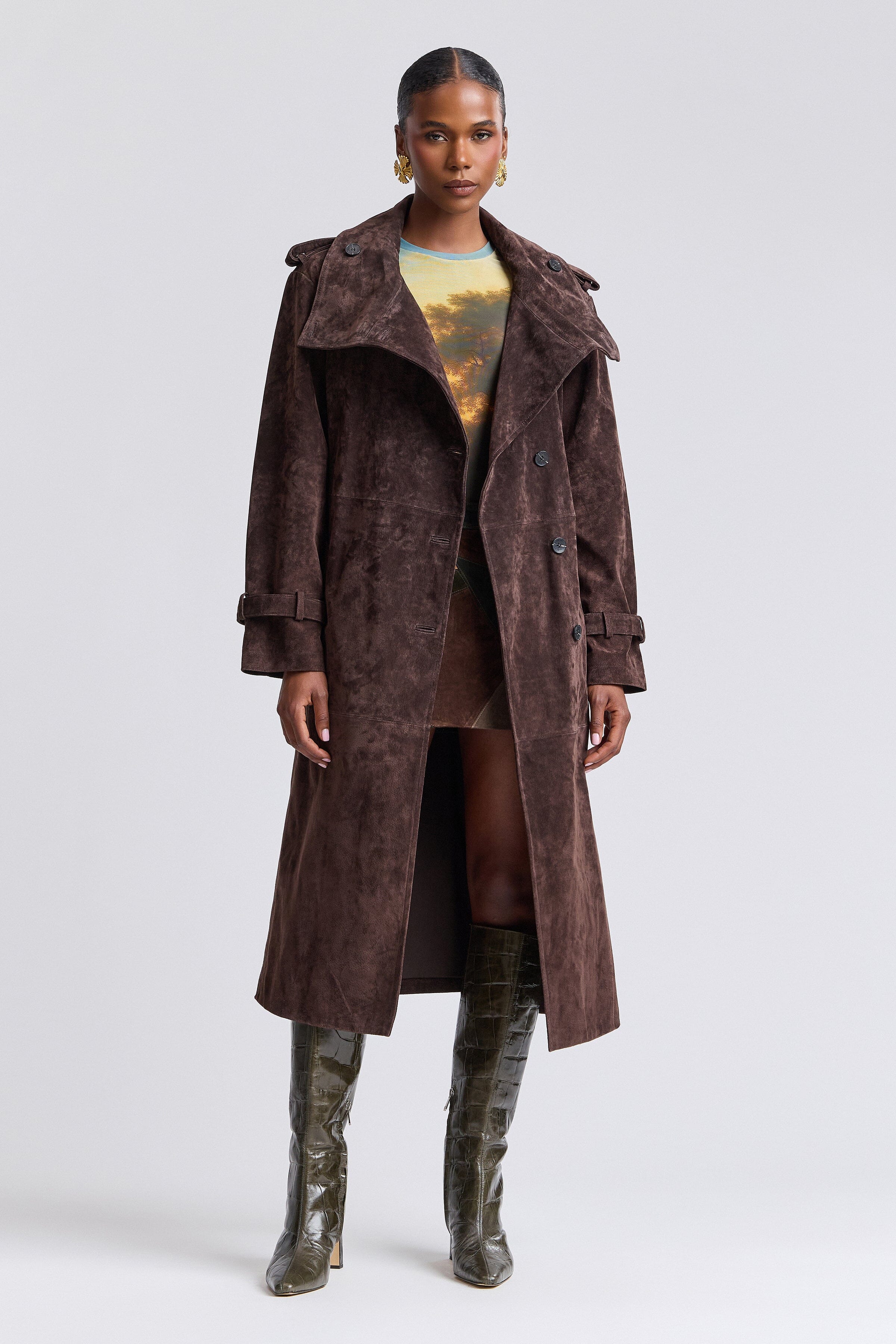 Dark brown suede trench coat with removable belt and funnel neck - Shop women's trench coats by Avec Les Filles.