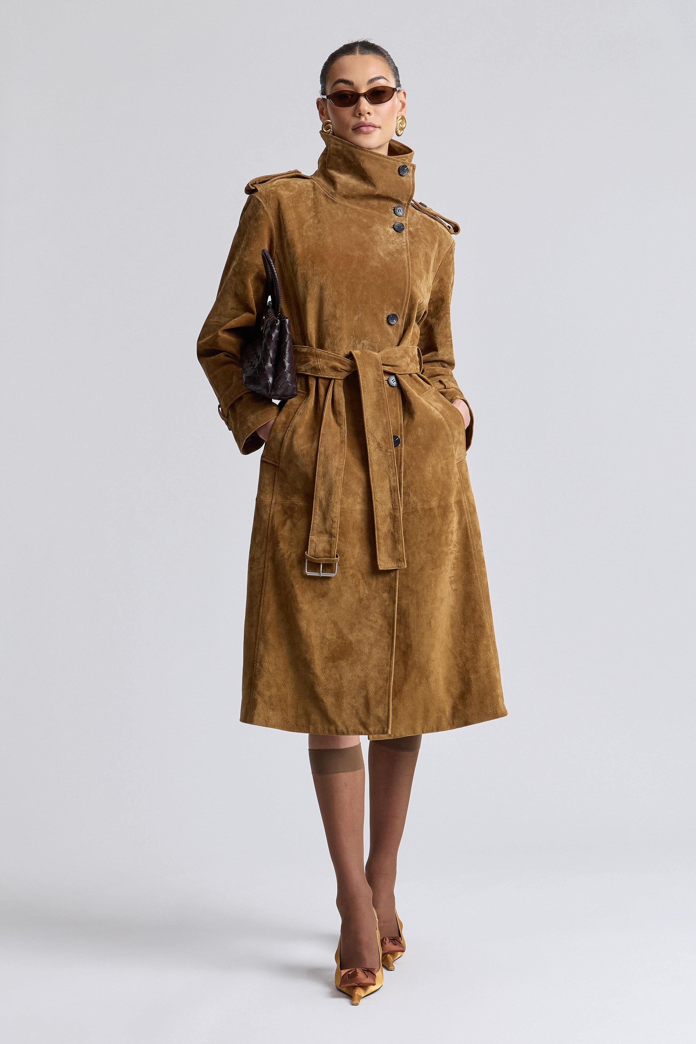 Front-button brown suede trench coat womens with removable belt - Shop cute long trench coats by Avec Les Filles.
